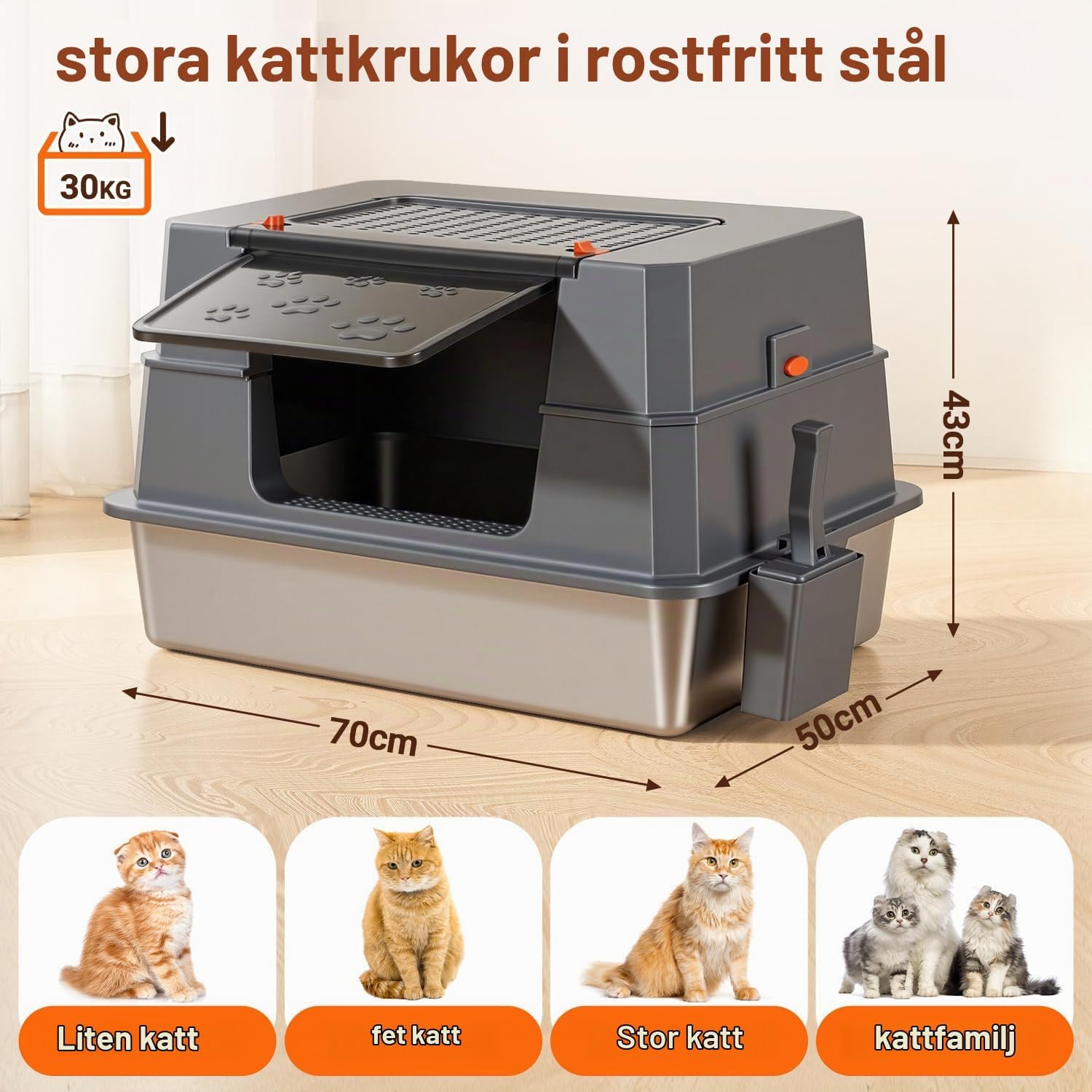 Detalle de Peviasot XXXL kattlåda i rostfritt stål med lock och hög kant