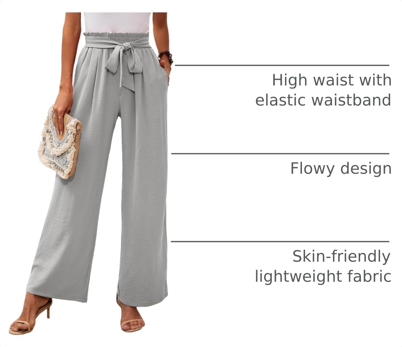 Detalle de Heymoments Women's Wide Leg Lounge Pants with Pockets — Lightweight, High-W waist, Tie Knot