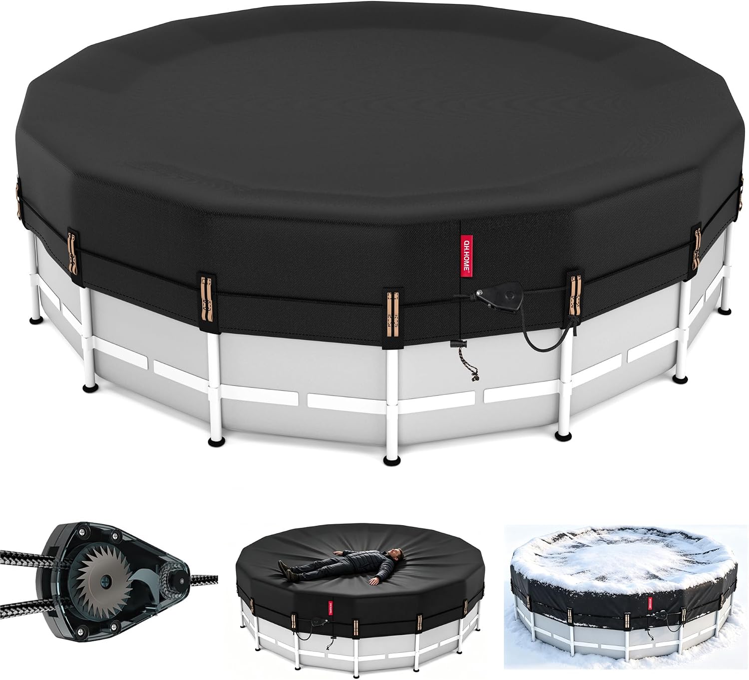 Detalle de QH.HOME 12Ft (Round Pool) Winter Pool Cover, 500D Polyester, Ratchet Fit