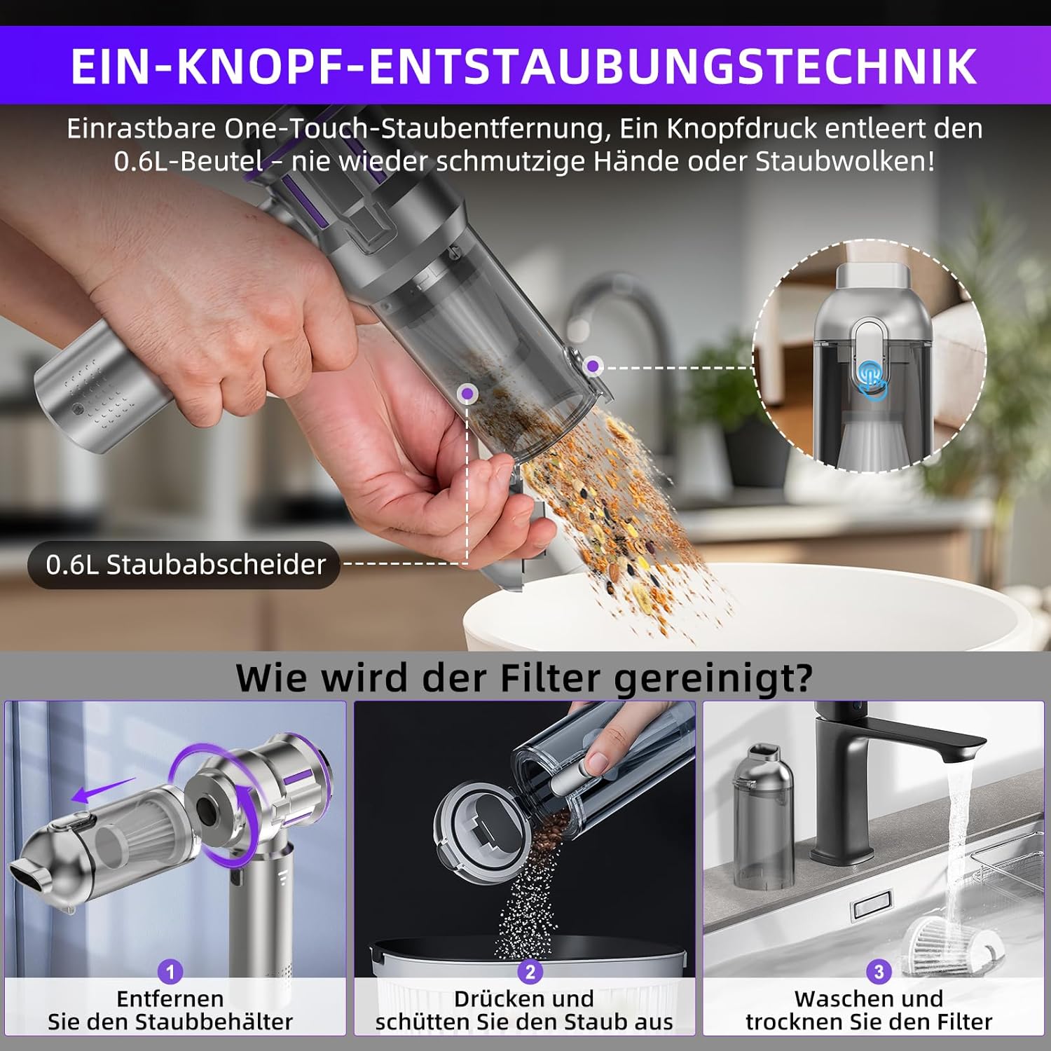 Detalle de Akku-Handstaubsauger 25000 Pa mit 1-Knopf-Selbstentleerung, 4-in-1 Kabellos für Auto, Haushalt & Tierhaare