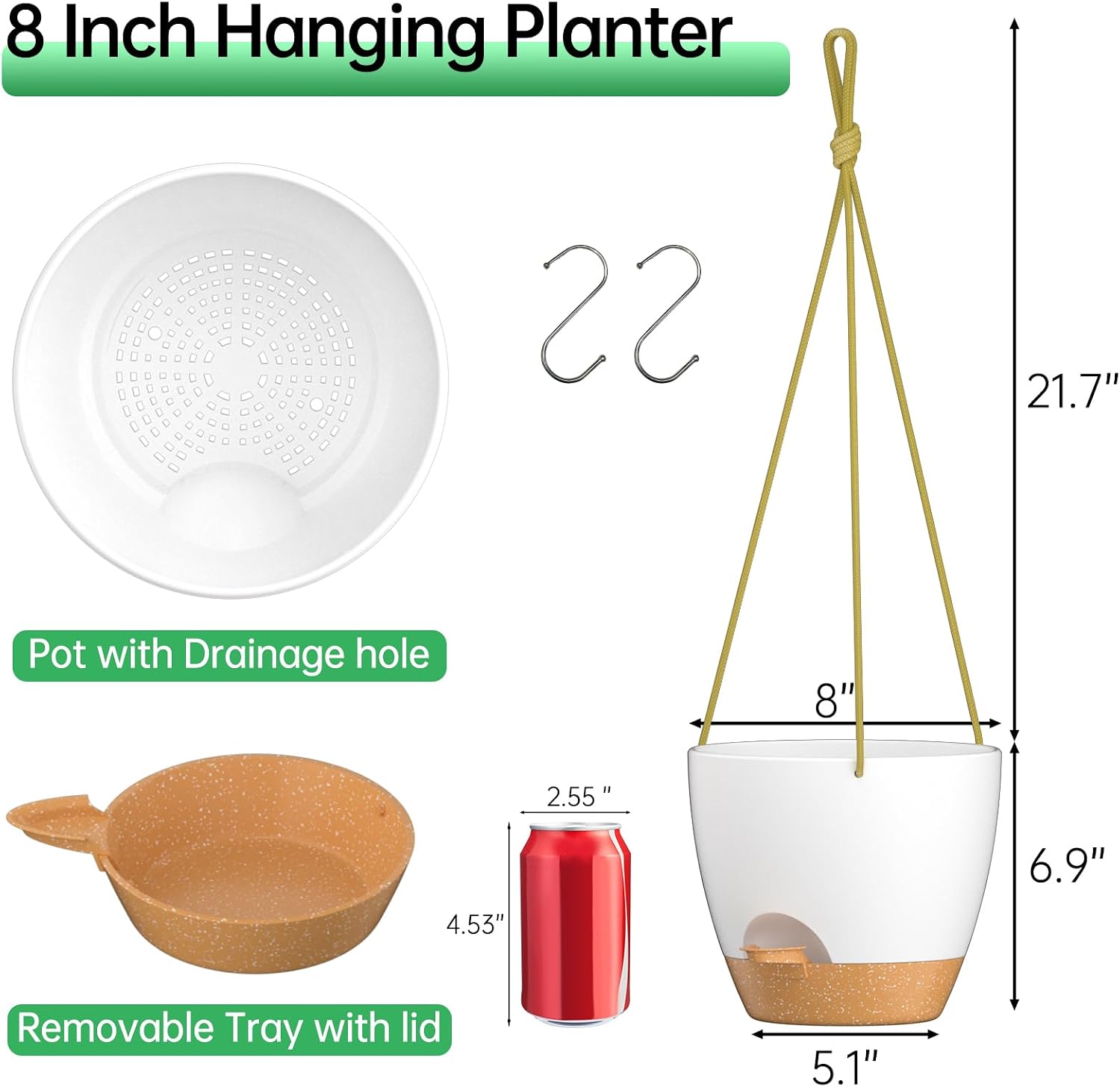 Detalle 2 de ZMTECH 8-Inch Hanging Planters, 2-Pack with Self-Watering Reservoirs, White