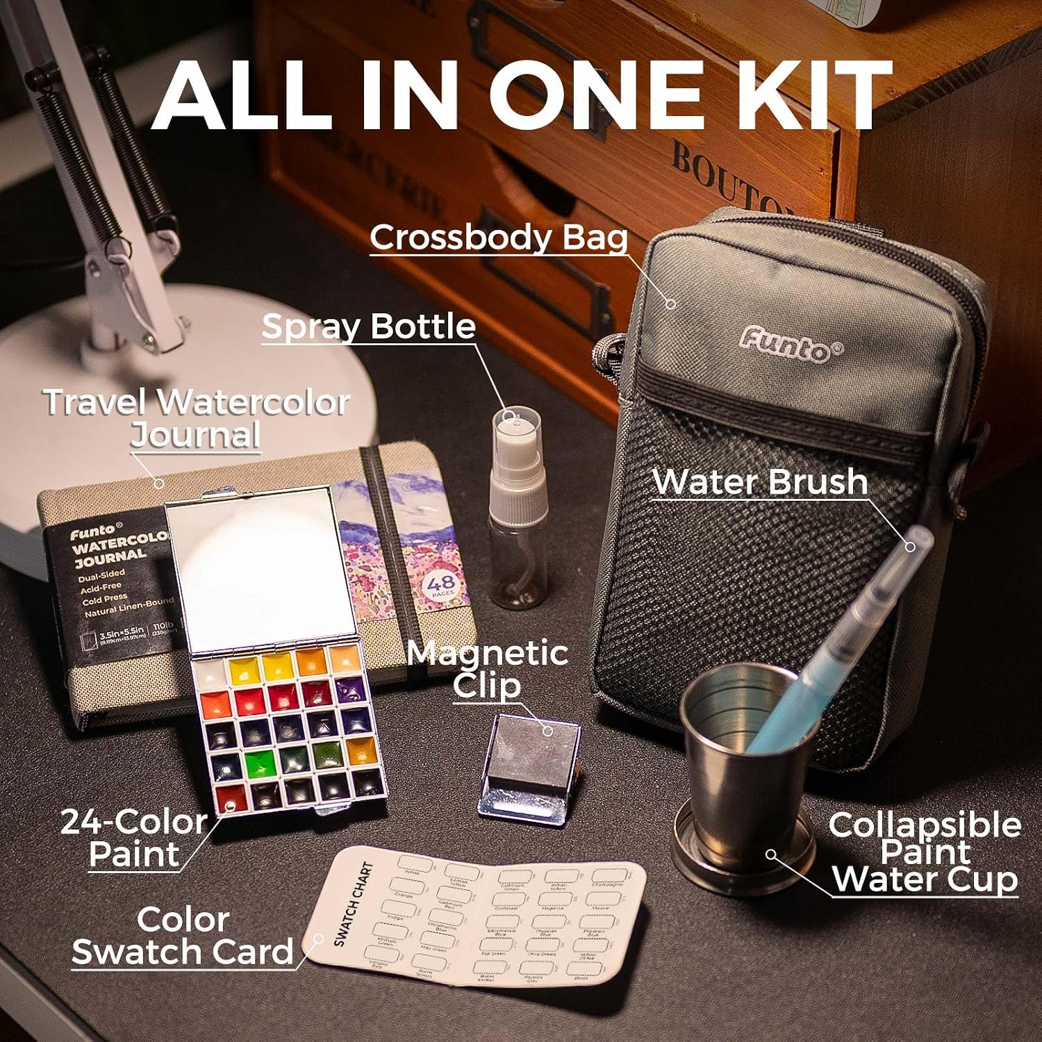 Thumbnail 1 de Funto Mini Wasserfarben-Set All-In-One 24-Farben Premium Pocket Reise-Malset mit Crossbody-Tasche & Tagebuch