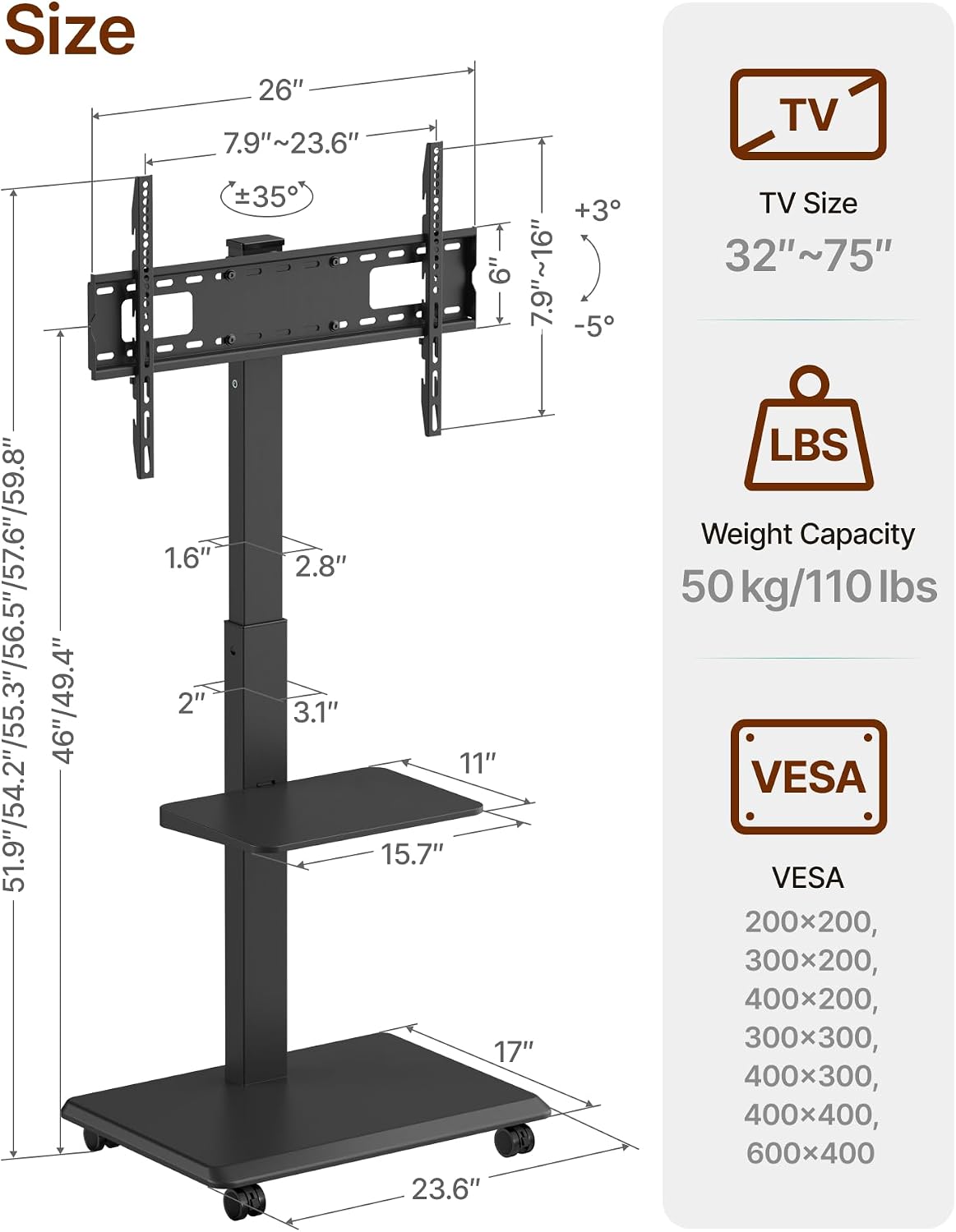 Thumbnail 6 de ECOTINY HW1274BK Rolling TV Stand for 32–75-Inch TVs, 110-lb Capacity