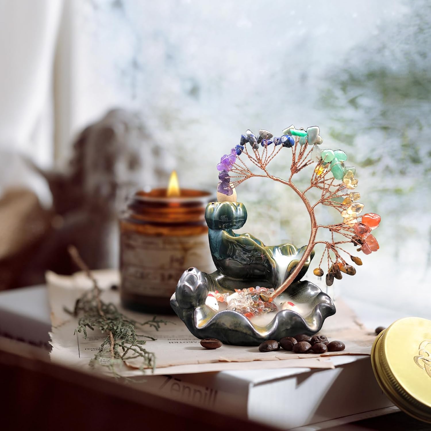 Detalle de MrMrKura Rückfluss-Räuchergefäß aus Keramik – 7 Chakren Kristall-Wasserfall, Baum der Fülle, für Yoga & Meditation
