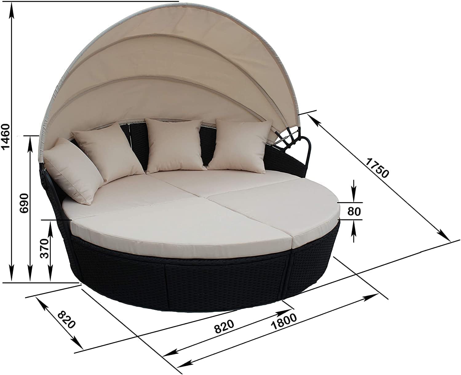 Detalle de EVRE Bali 3 Piece Modular Round Rattan Wicker Daybed Set with Extendable Canopy (Mixed Grey)