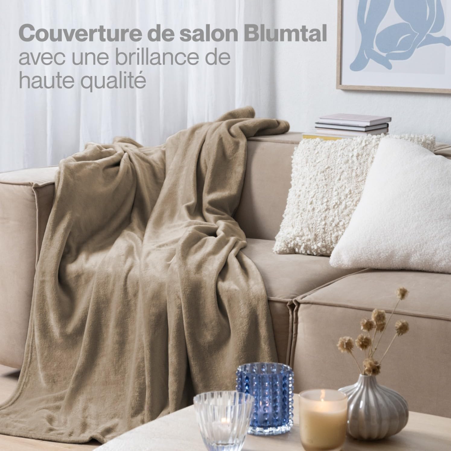 Thumbnail 5 de Blumtal Couverture polaire 130 x 150 cm – plaid taupe tout doux pour canapé et lit