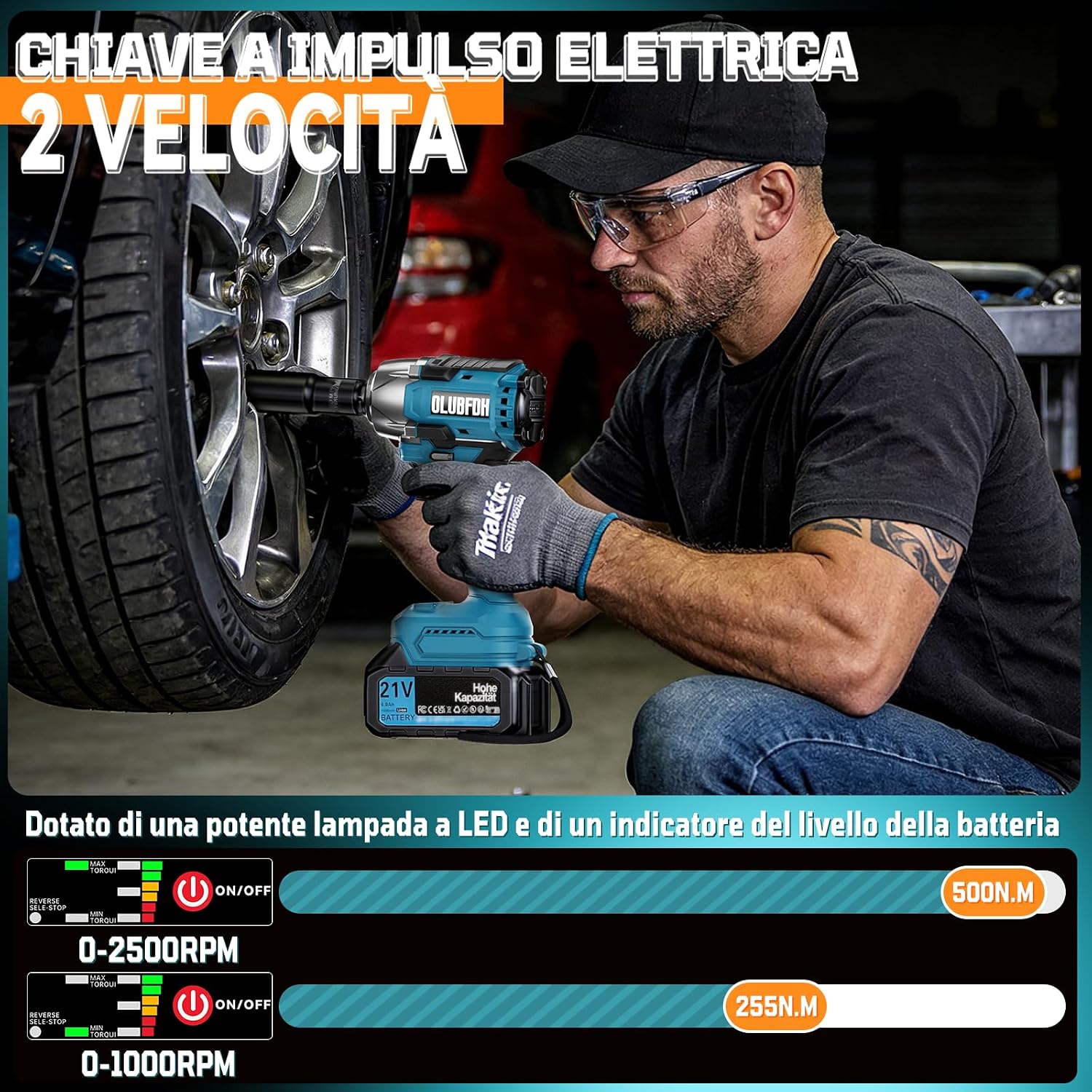 Detalle de Olubfdh Avvitatore a Impulsi Brushless 21V, 500 Nm, 3-in-1 con Batteria 4,0 Ah e Caricabatterie