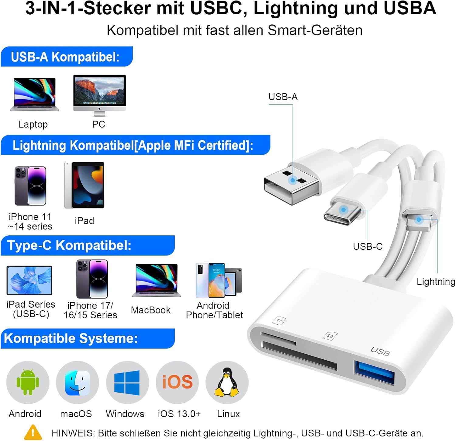 Detalle de Dalimee SD Kartenleser USB-C/USB-A/Lightning – vielseitiger 3-in-1 Kartenleser für iPhone, iPad, MacBook, PC und Android