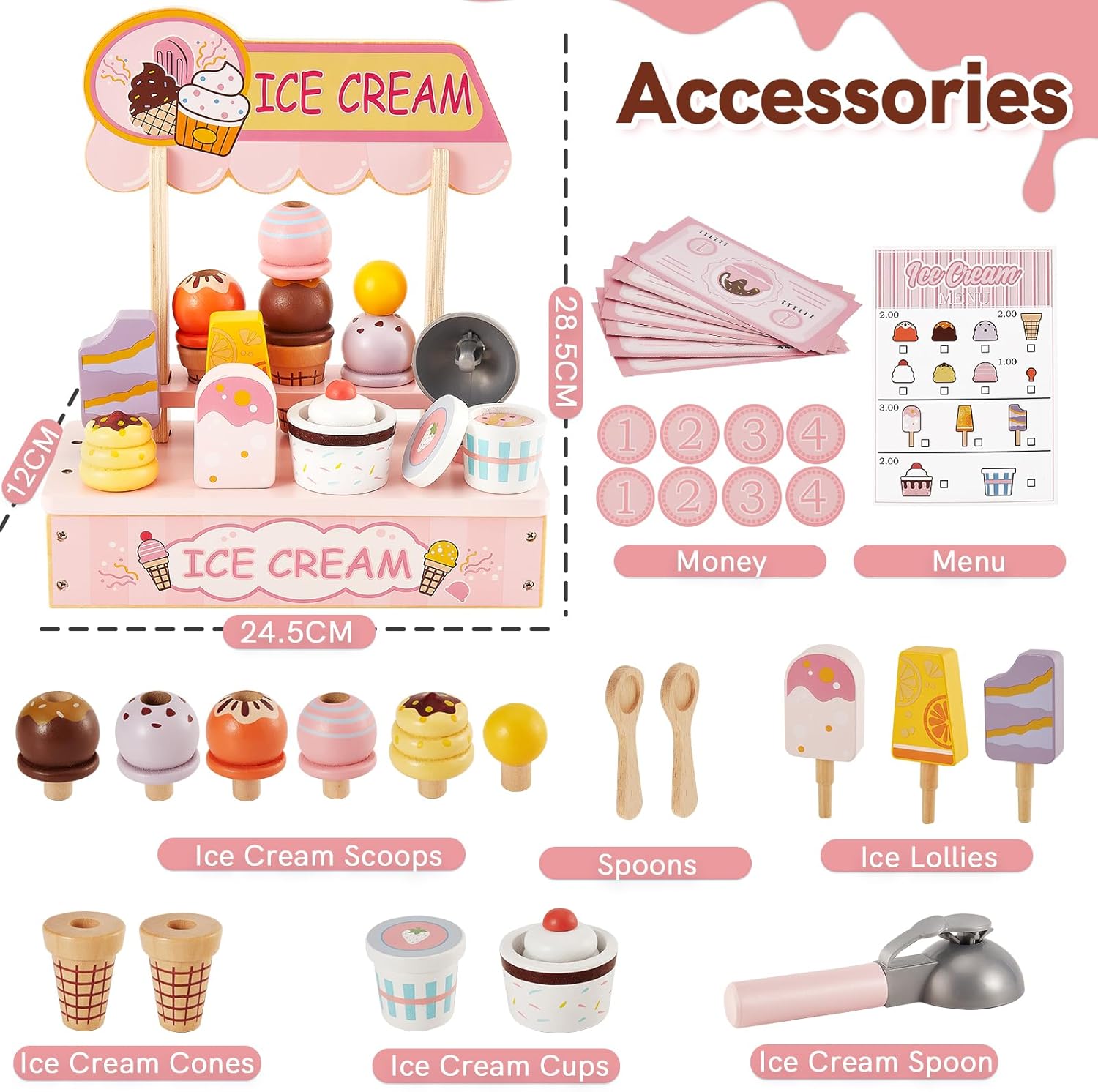 Thumbnail 4 de HERSITY Wooden Ice Cream Counter Shop Pretend Play Food Set (Pink)