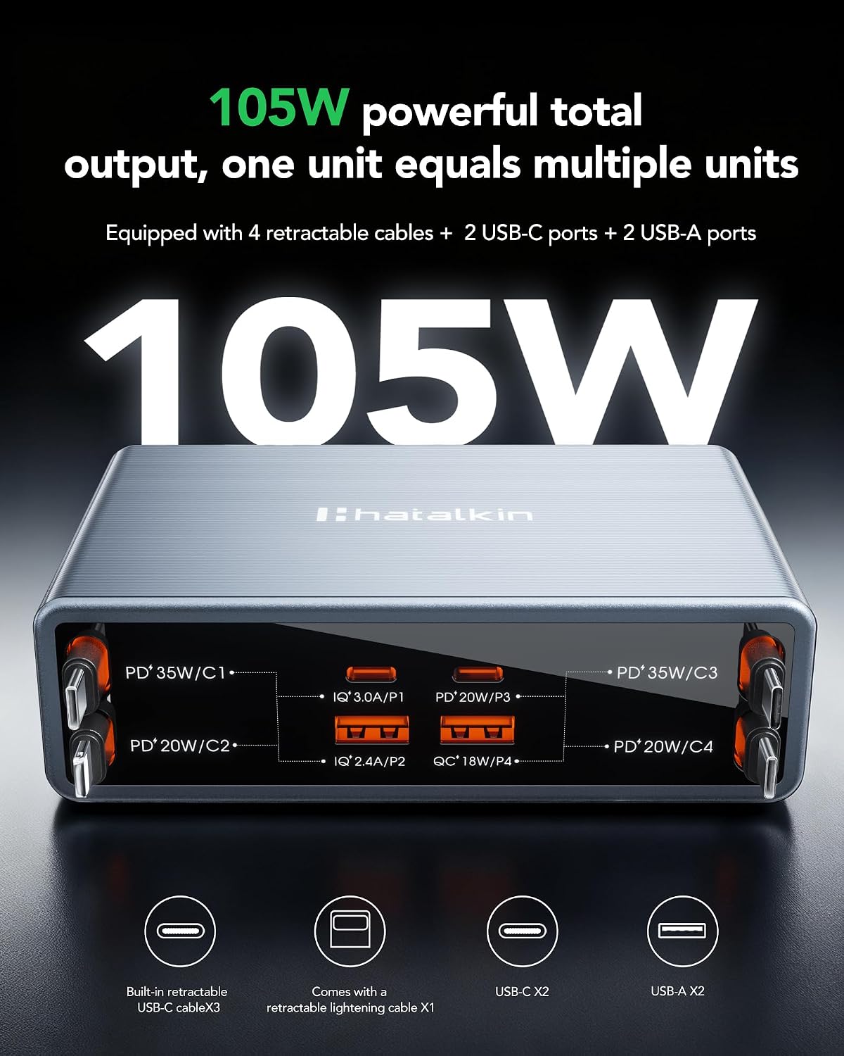 Detalle 2 de HATALKIN PT-68 8-in-1 Charging Station with 105W Output and Retractable Cables
