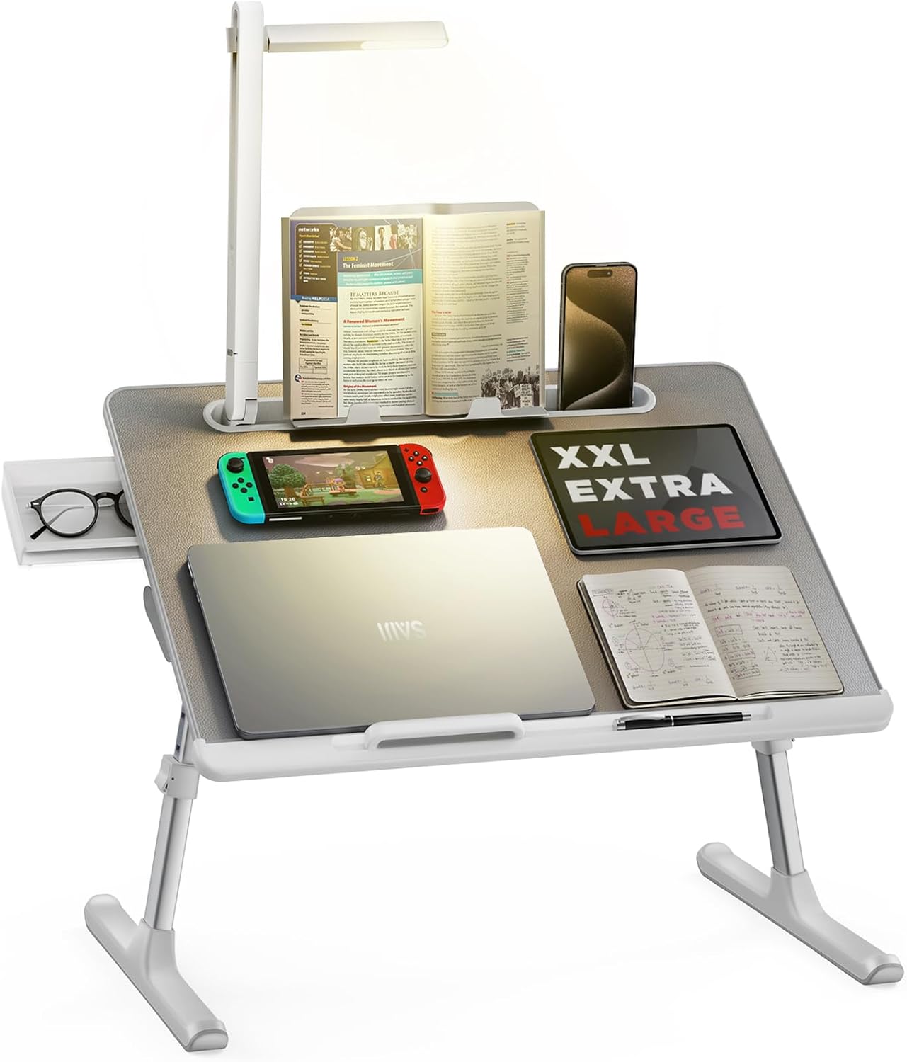 SAIJI Laptoptisch/Betttisch mit LED-Lampe, Höhen- & Winkelverstellung, Schublade und Laptop-Stopper