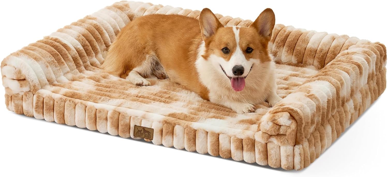 Detalle de COZY KISS Orthopädisches Hundebett für Große Hunde 90x68x15 cm – Komfortables Tierkörbchen mit Kunstfell, rutschfestem Boden und abnehmbarem Überzug