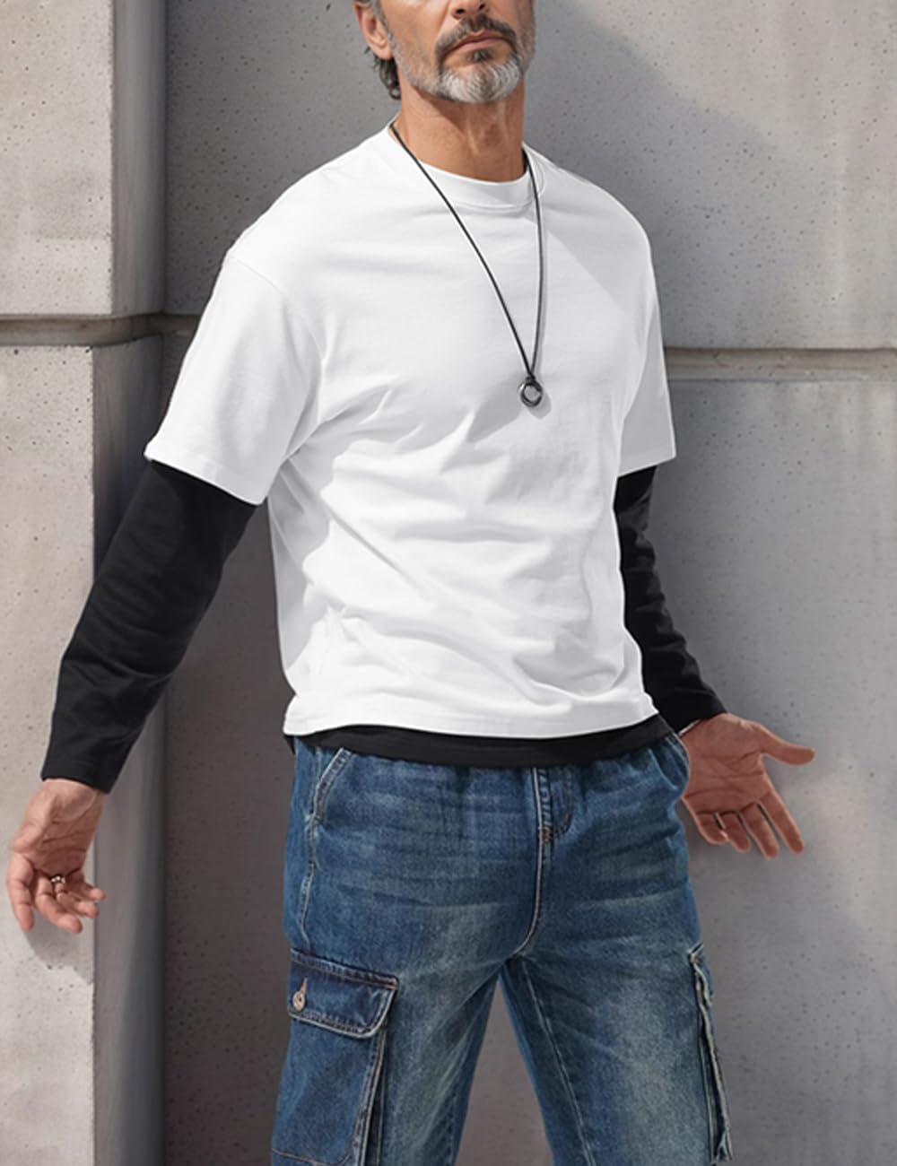 Thumbnail 2 de Muscle Alive Herren Fake-Zweiteiler Rundhalsausschnitt – mehrlagige Freizeitpullover mit lockerer Passform