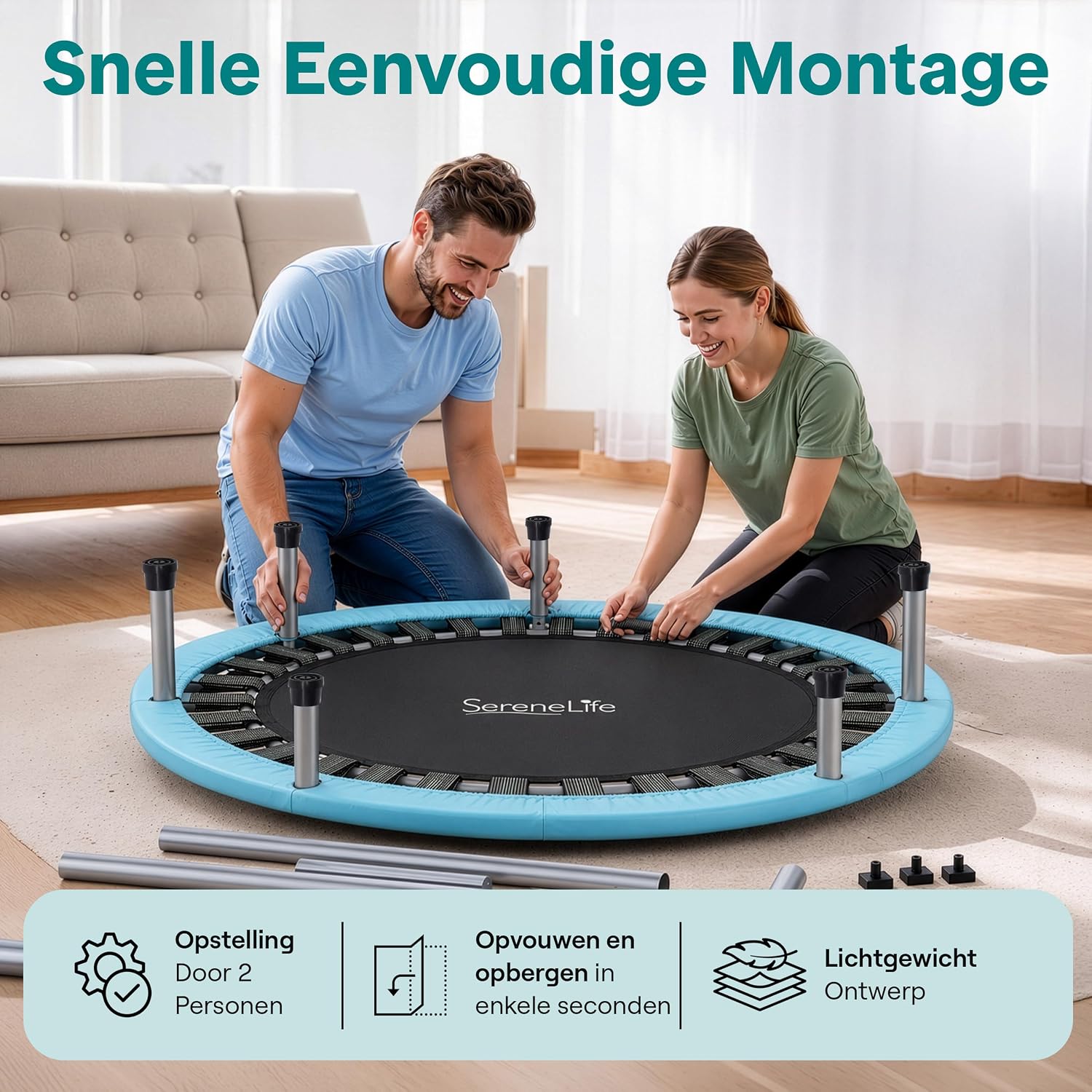 Detalle de SereneLife SLELT367 opvouwbare fitnesstrampoline, rond, met schuimhandgreep
