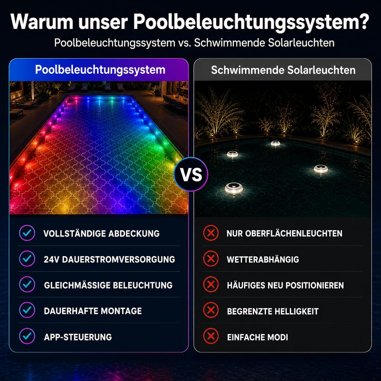 Detalle de SOIARLLT 8-in-1 Poolbeleuchtungssystem – 15 m, RGB+IC, 24V, IP68