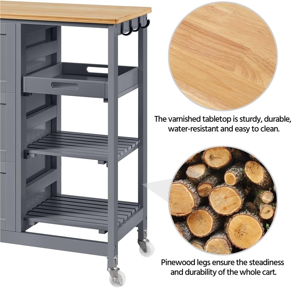 Detalle de Yaheetech Carrello Cucina 67x37x84,5 cm con Ruote e 3 Ripiani/3 Cassetti: versatile e salvaspazio