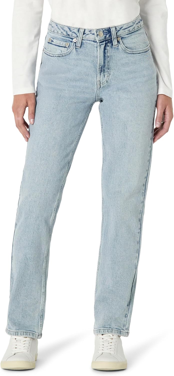 Detalle de Amazon Essentials Jeans a Vita Alta con Gamba dritta Donna, Lavaggio Chiaro con Ghiaccio – Taglia 42