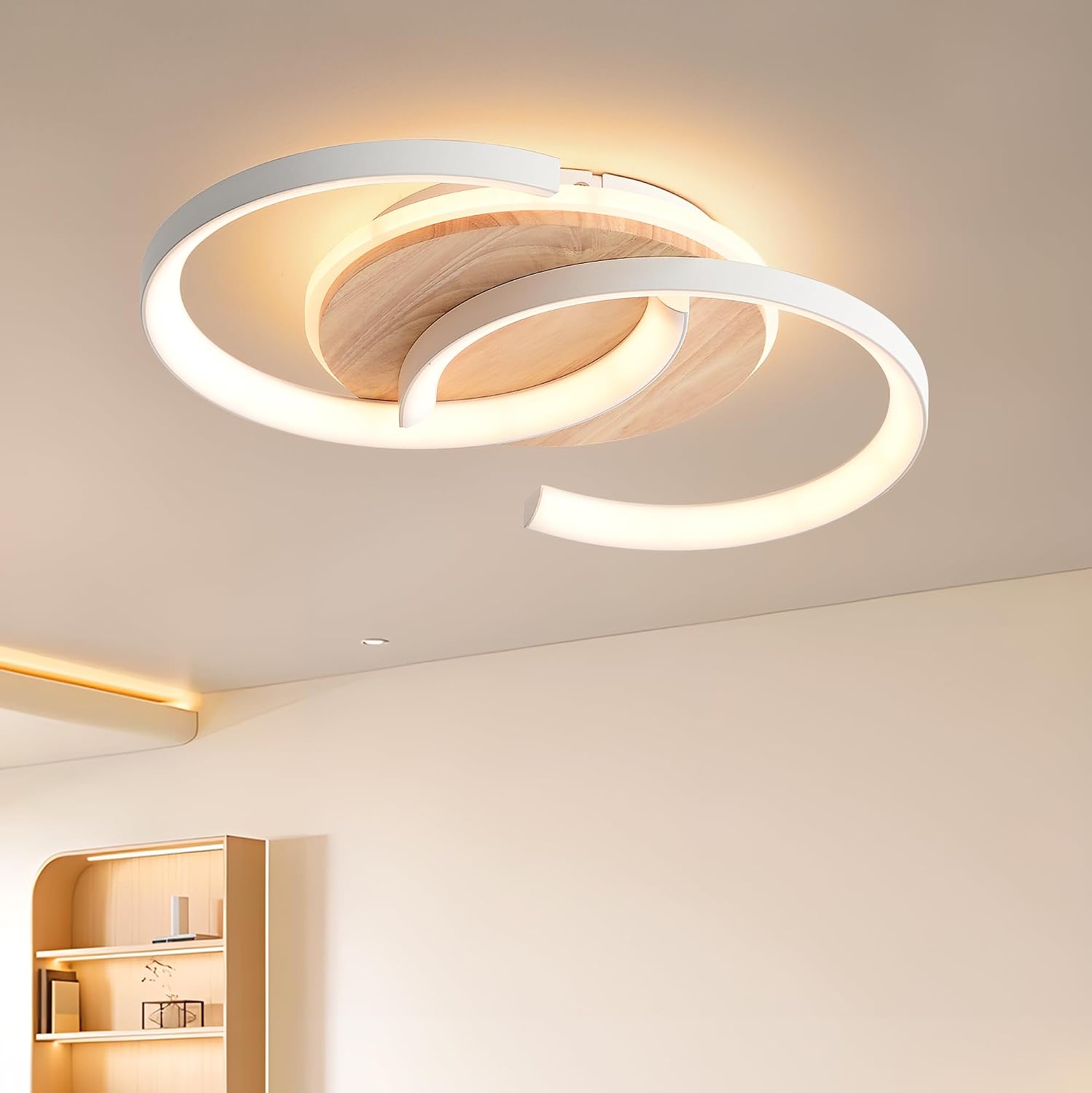 Detalle de LED Deckenlampe Holz „S“ 2-Ringe, dimmbar (28 W, 2800 lm, 3000–6000 K) mit Fernbedienung