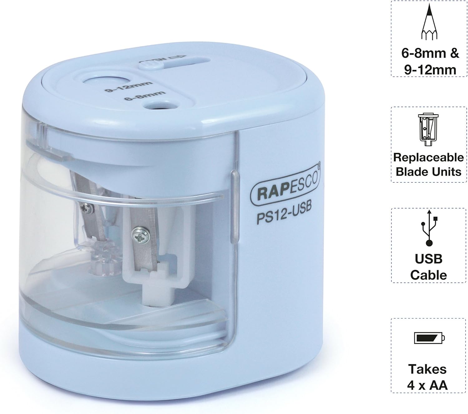 Detalle de Rapesco 1447 PS12-USB Taille-Crayon Électrique Automatique Bleu Pastel