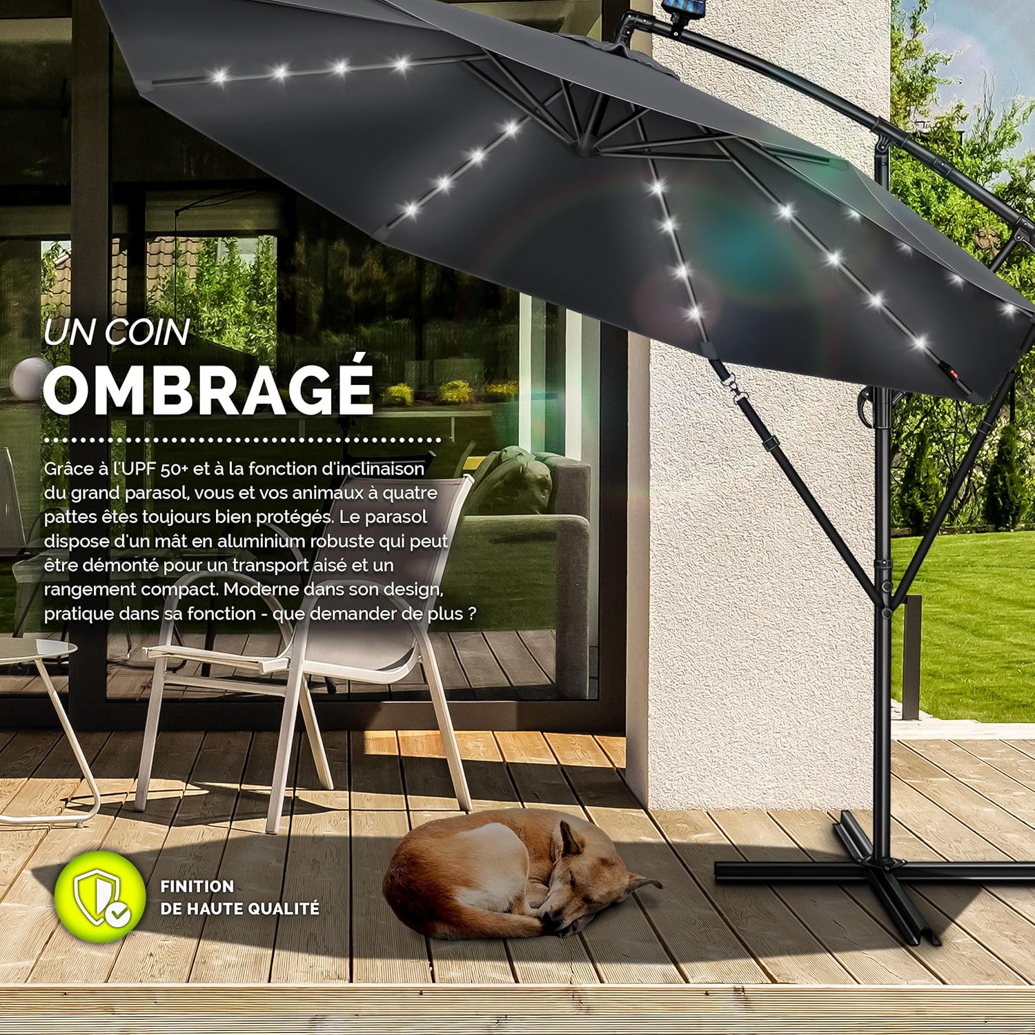 Thumbnail 6 de Tillvex parasol déporté LED solaire hexagonale de 3 m avec manivelle