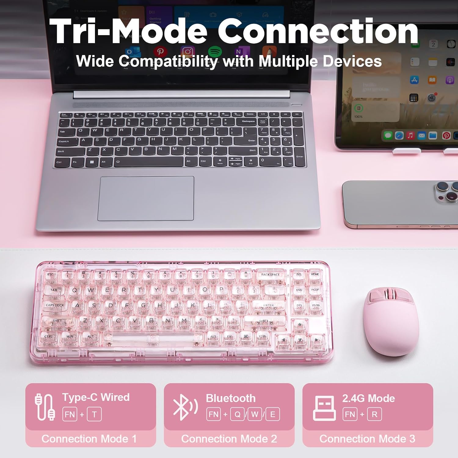 Detalle de YUNZII X71 Transparente Mechanische Tastatur (68% Layout, Crystal Ice Switch, Pink) mit Dichtung und Hot-Swap