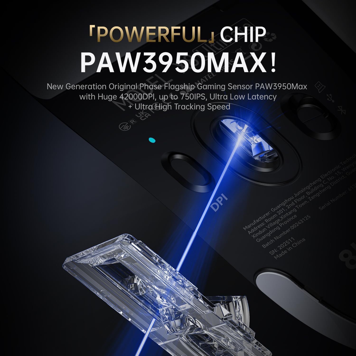 Detalle de ATTACK SHARK X8 Ultimate Maus – Large Hand, 65 g, 3‑Modi Verbindungen, PAW3950MAX