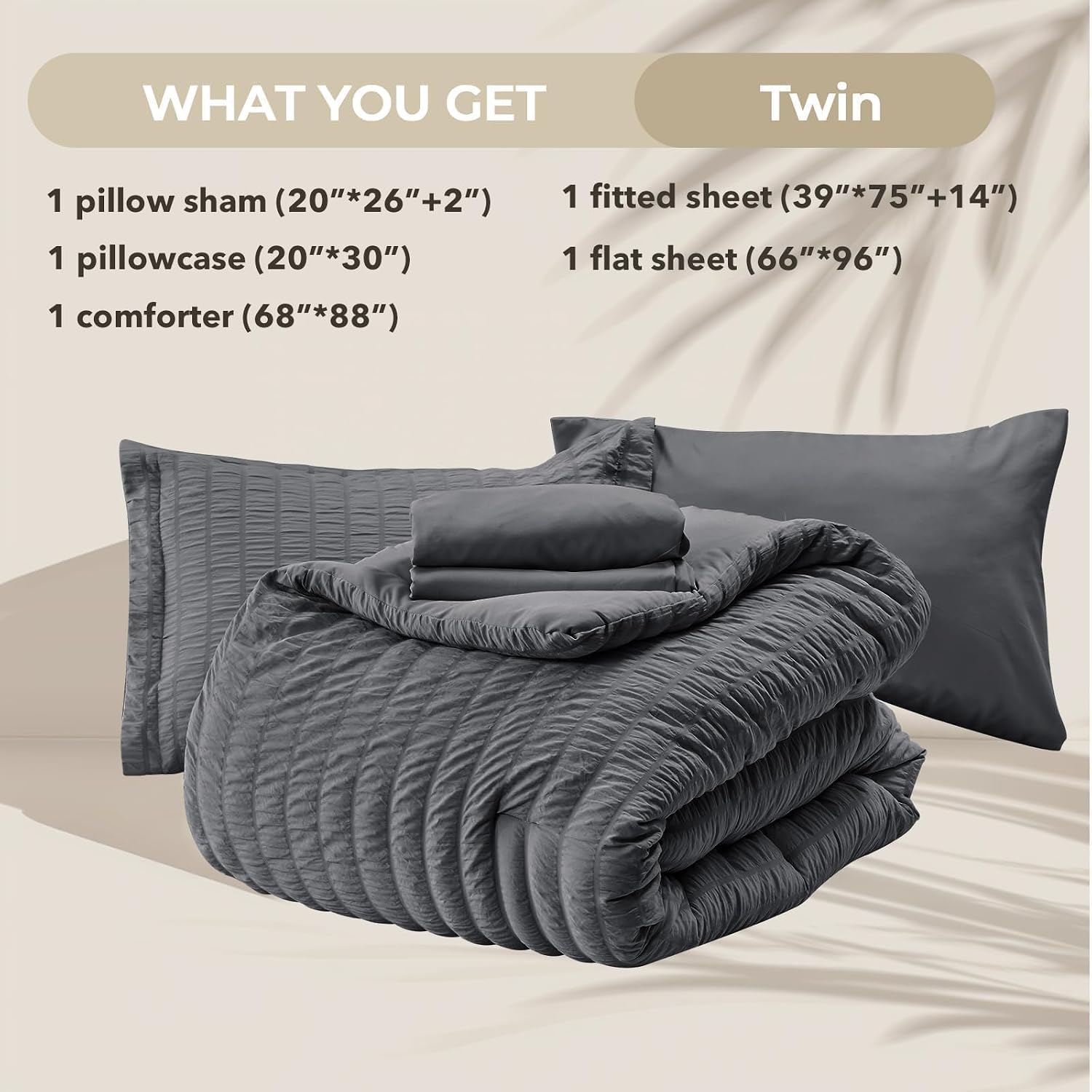 Thumbnail 5 de HYMOKEGE Twin Size Seersucker Duvet Comforter Set, Dark Gray – 5-Piece