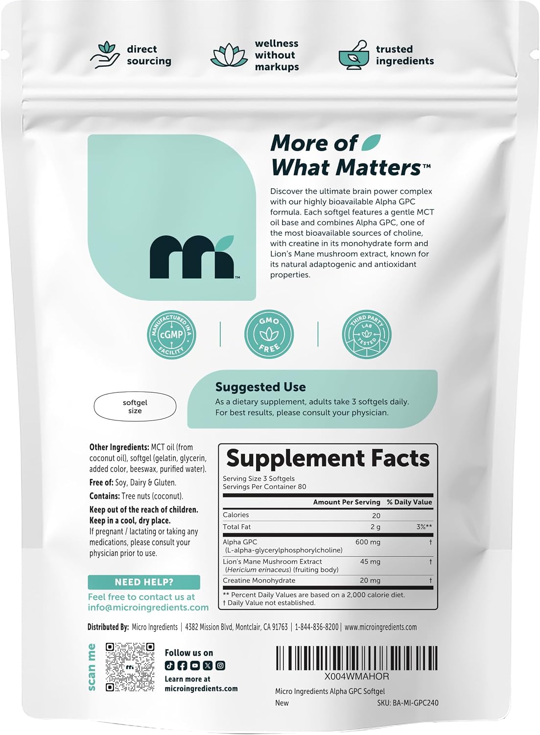 Detalle de Micro Ingredients Alpha GPC supplement 240 softgels