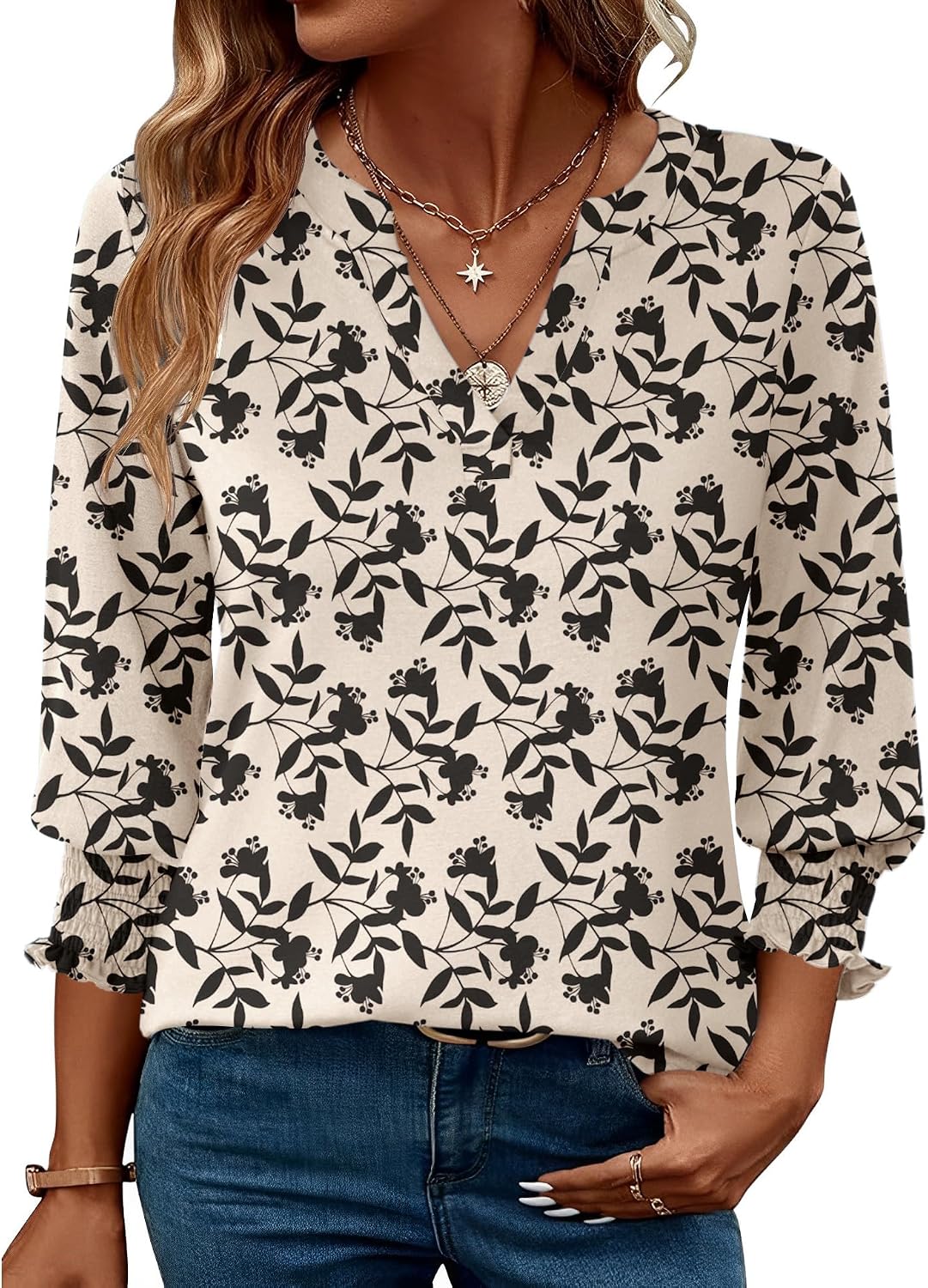 Detalle de Rapbin Damen Bluse mit 3/4-Ärmel, V-Ausschnitt und Blumenmuster (Tunika-Style)