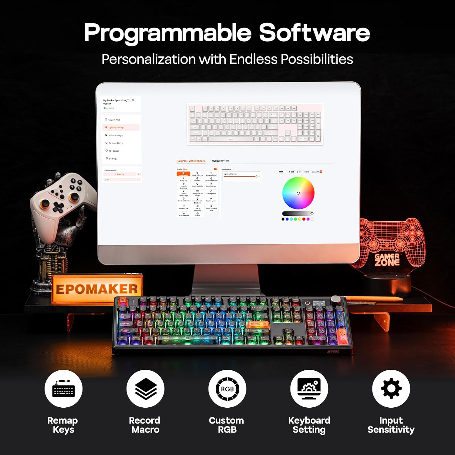 Thumbnail 6 de EPOMAKER TH108 V2 PRO Full-Size Mechanical Keyboard with Screen & Knob (Black, Sea Salt Silent)