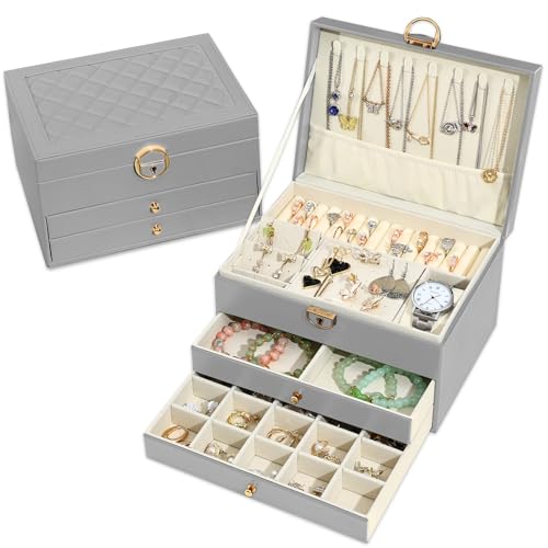 Detalle de Granbest Boîte à bijoux à 3 niveaux avec 2 tiroirs – Coffret cuir Gris