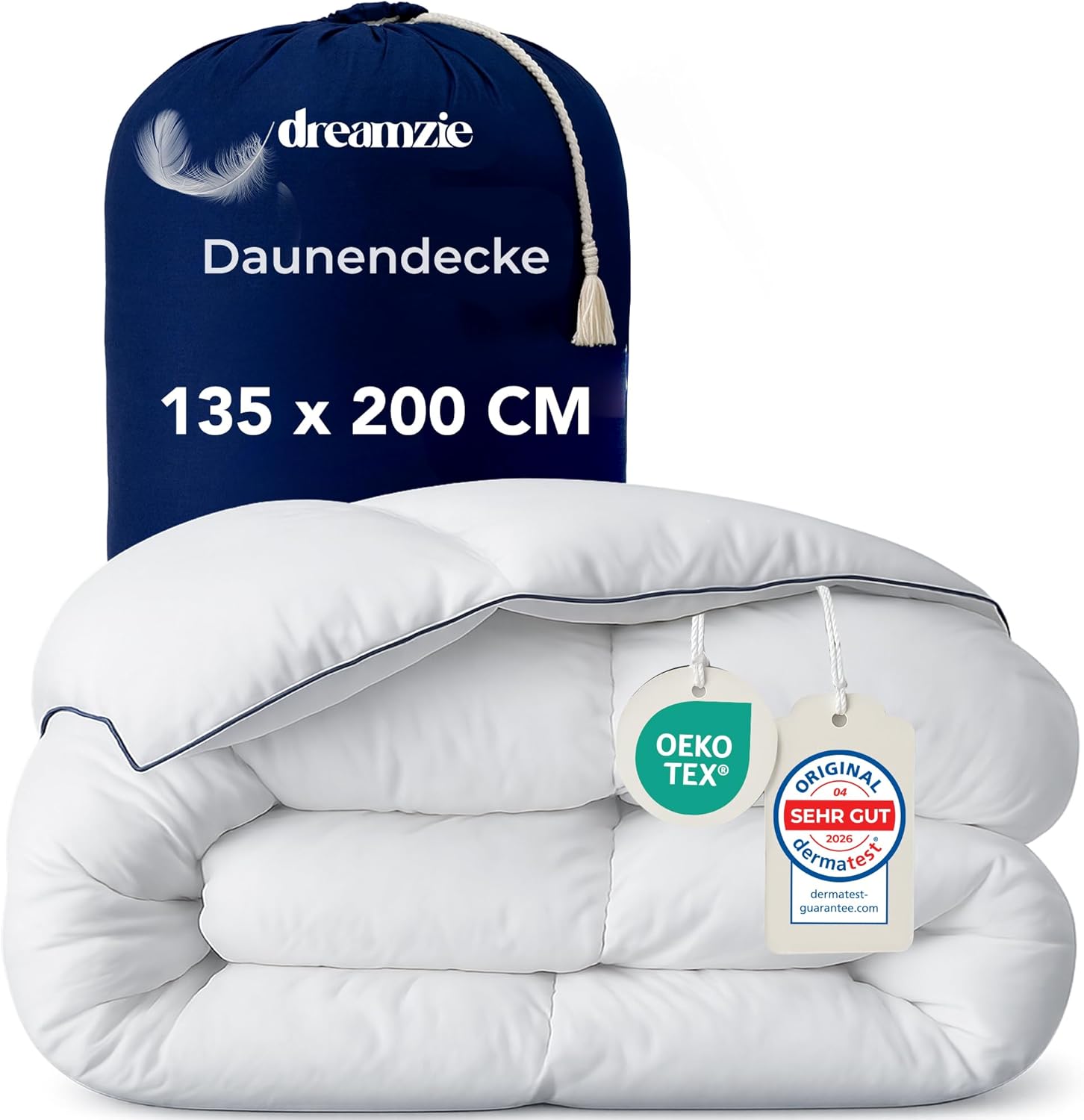 Dreamzie Daunendecke 135x200 cm – Ganzjahresdecke mit 450 gsm (90% Federn/10% Daunen)