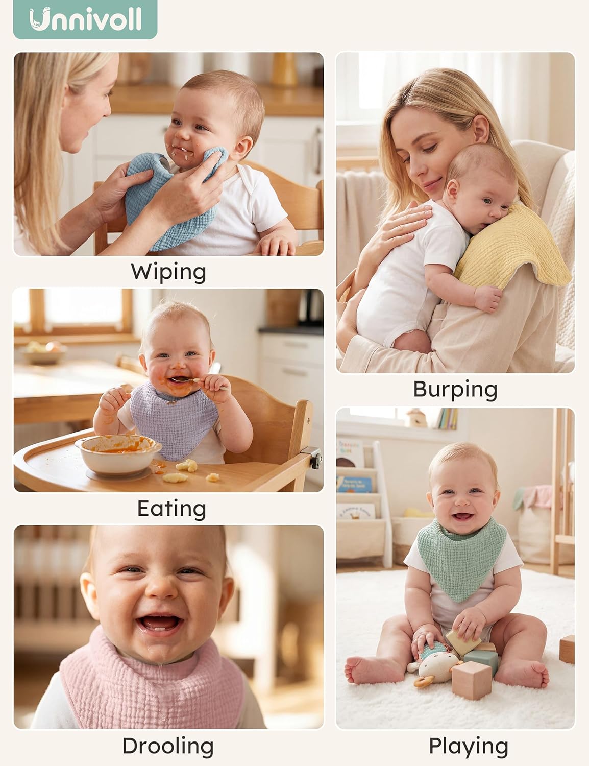 Thumbnail 4 de Unnivoll Muslin Baby Bibs 100% Cotton Bandana Dribble Bibs (8 Pack)