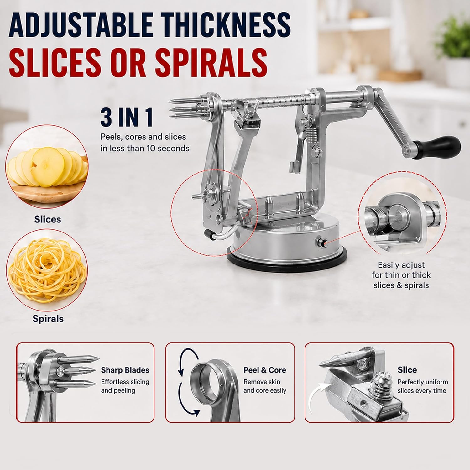 Detalle de GOODS+GADGETS 3-in-1 Apple Peeler, Corer and Slicer, Stainless Steel