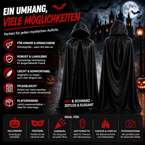 Detalle 1 de Costumed Vampir-Kostüm: schwarzer Kapuzenumhang für Halloween und Karneval