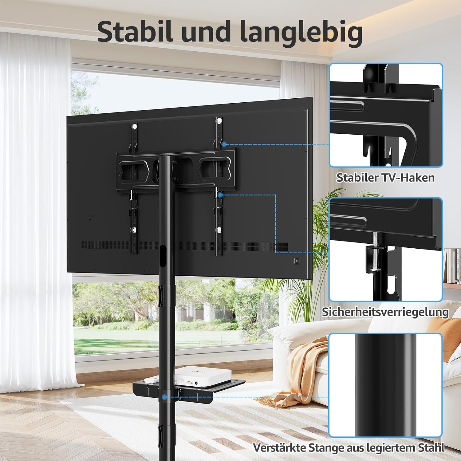 Detalle de MOUNTUP Rollbar TV-Ständer 23–60 Zoll mit Höhenverstellung und Neigungsfunktion (EU1117B)