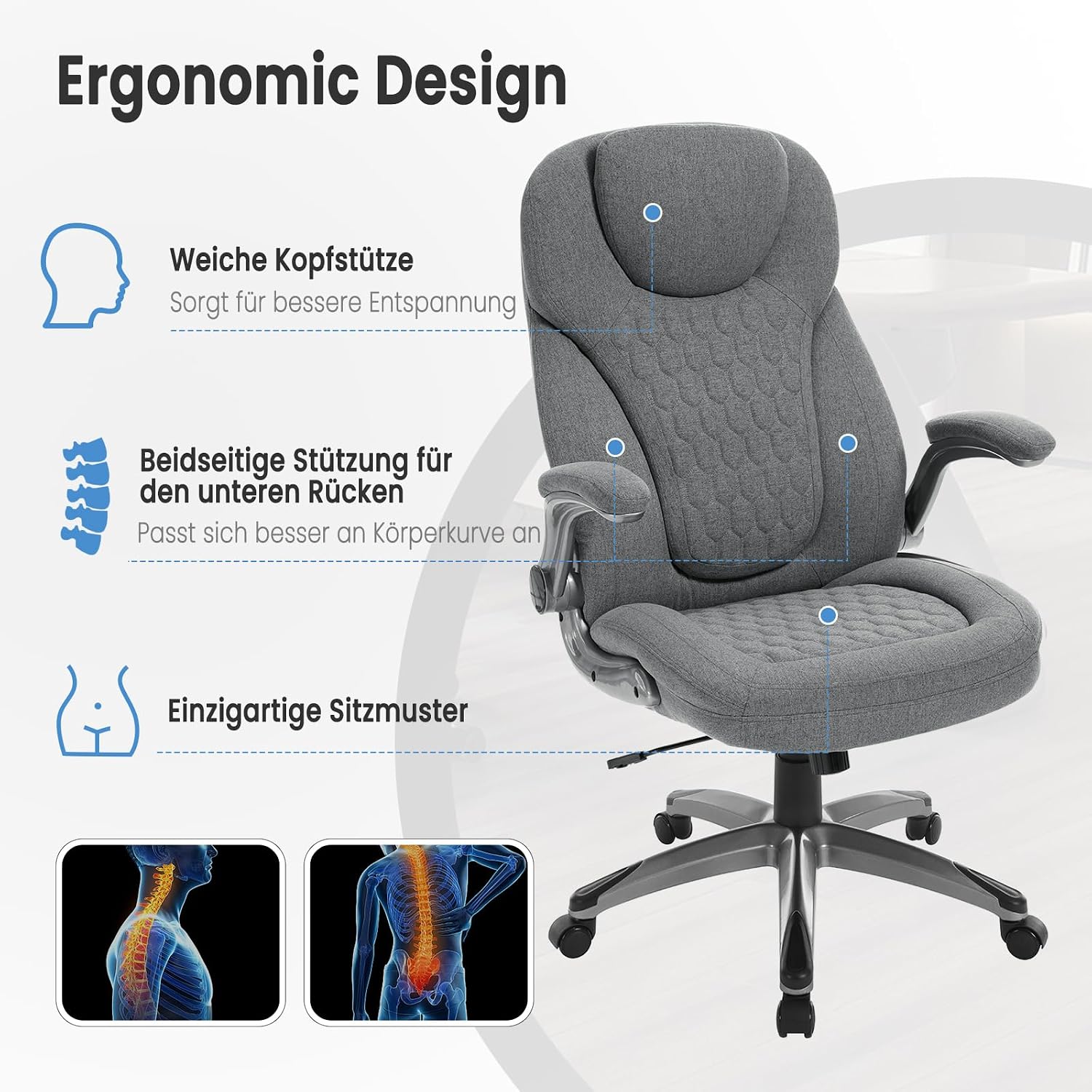 Thumbnail 3 de WOLTU Bürostuhl 200 kg, ergonomischer Chefsessel mit Kopfstütze und Armlehnen – Grau