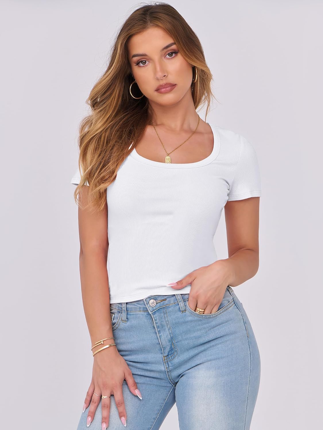 Thumbnail 1 de DUOEASE Damen T-Shirt Sommer Basic Stretch mit U-Ausschnitt (Slim Fit, kurzarm)
