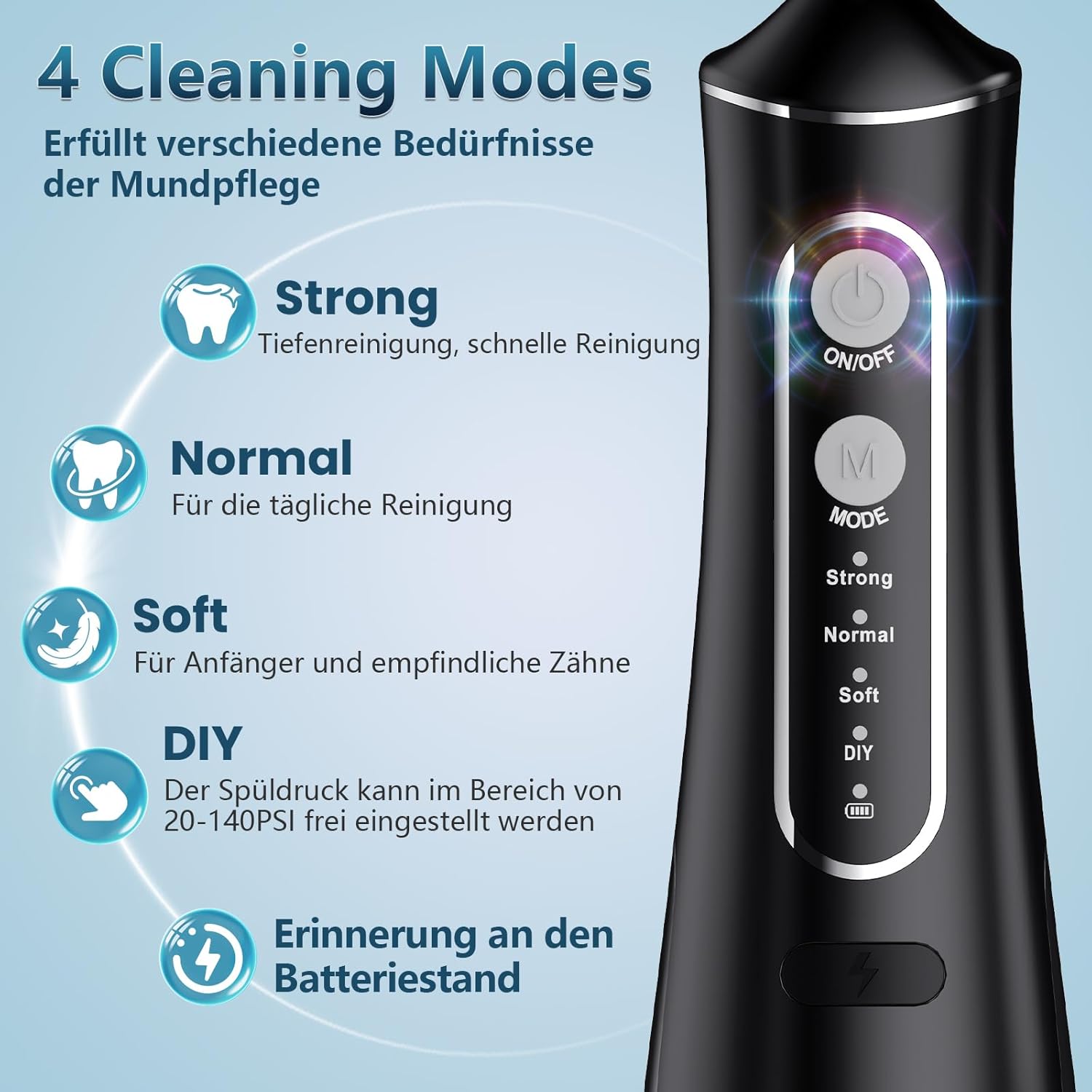 Detalle de OasiSmile Kabellose Elektrische Munddusche – Testsieger 2026, 4 Modi, 5 Düsen, 300 ml Tank, IPX7