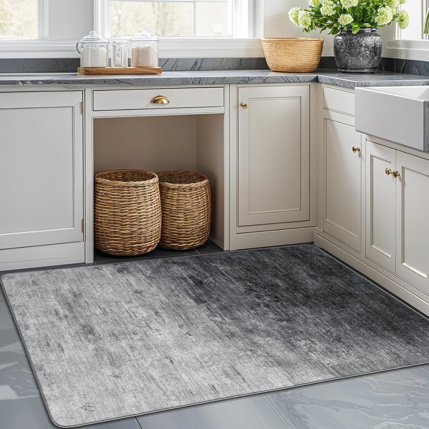 Detalle de LIANLAM 3' x 5' Washable Area Rug, Gray Polyester, Low-Pile, Non-Slip Backing