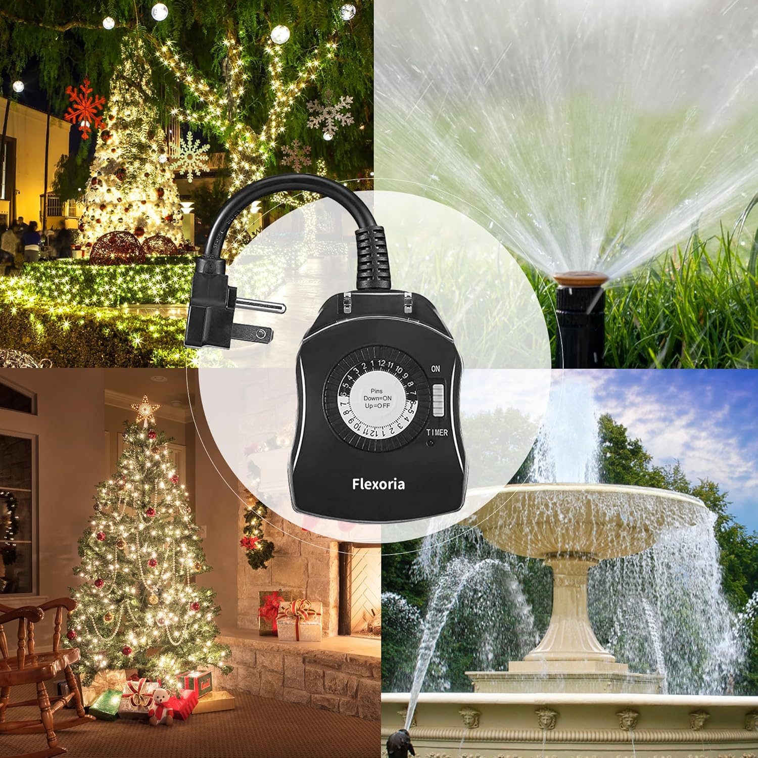 Detalle de Flexoria Outdoor Timer Outlet Waterproof: 24-Hour Mechanical Plug-In Timer with 2 Grounded Outlets