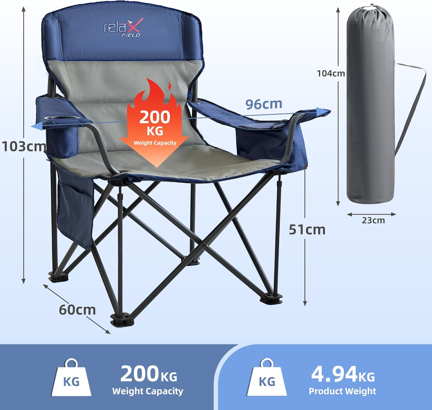 Thumbnail 2 de RELAX FIELD Oversized Camping Chair for Adults – 200kg Capacity, Cup Holder and Cooler Bag