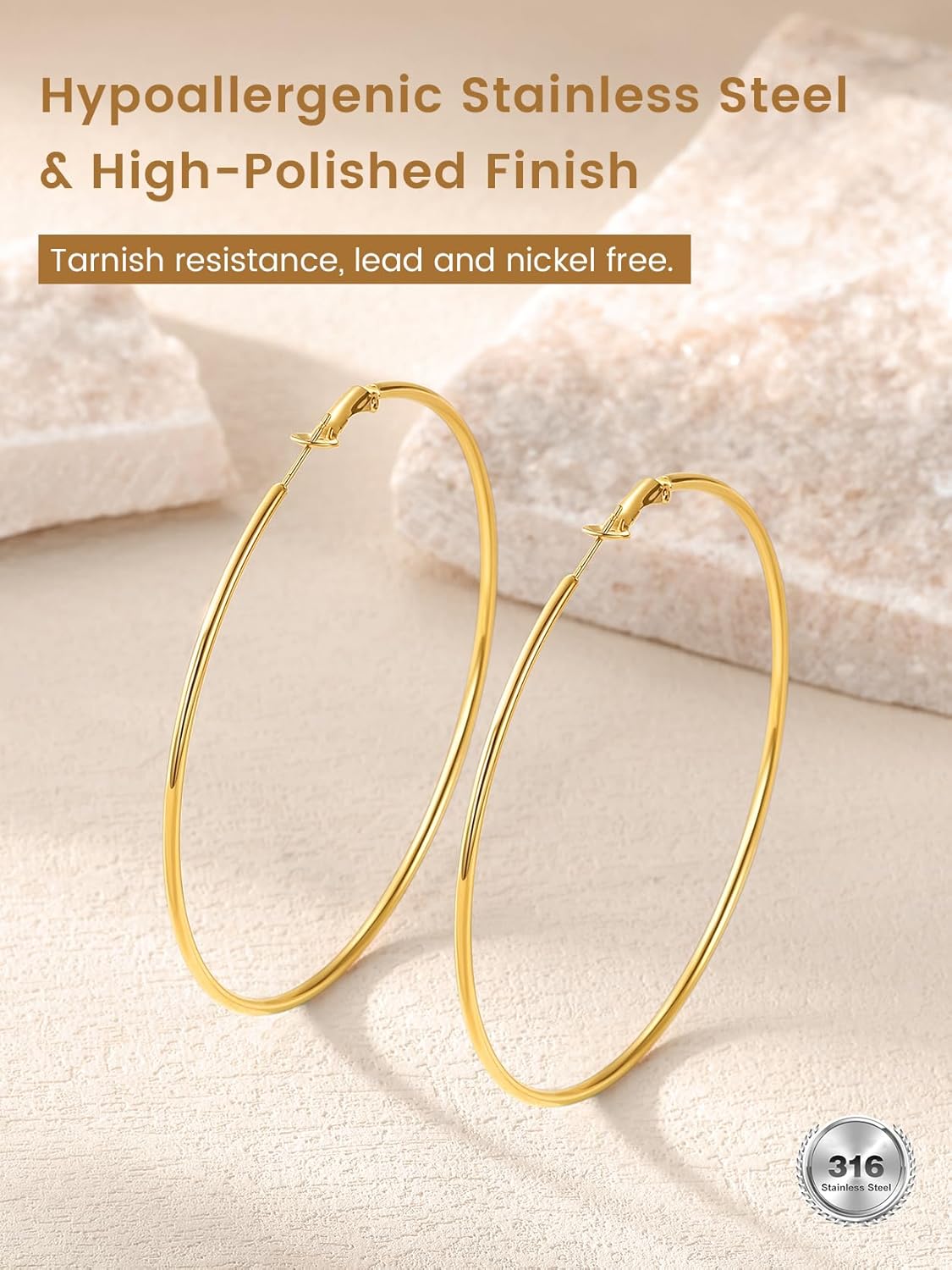 Detalle de GoldChic Créole femme en acier inoxydable plaqué or jaune – grand anneau (diamètres 30/50/70/100 mm)
