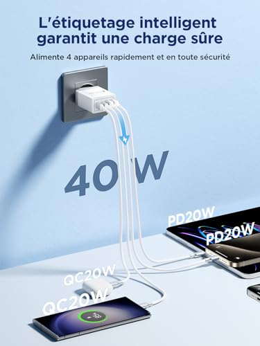 Detalle de Aioneus Chargeur USB C 40W 4 Ports – Charge rapide multi-port USB-C et USB-A