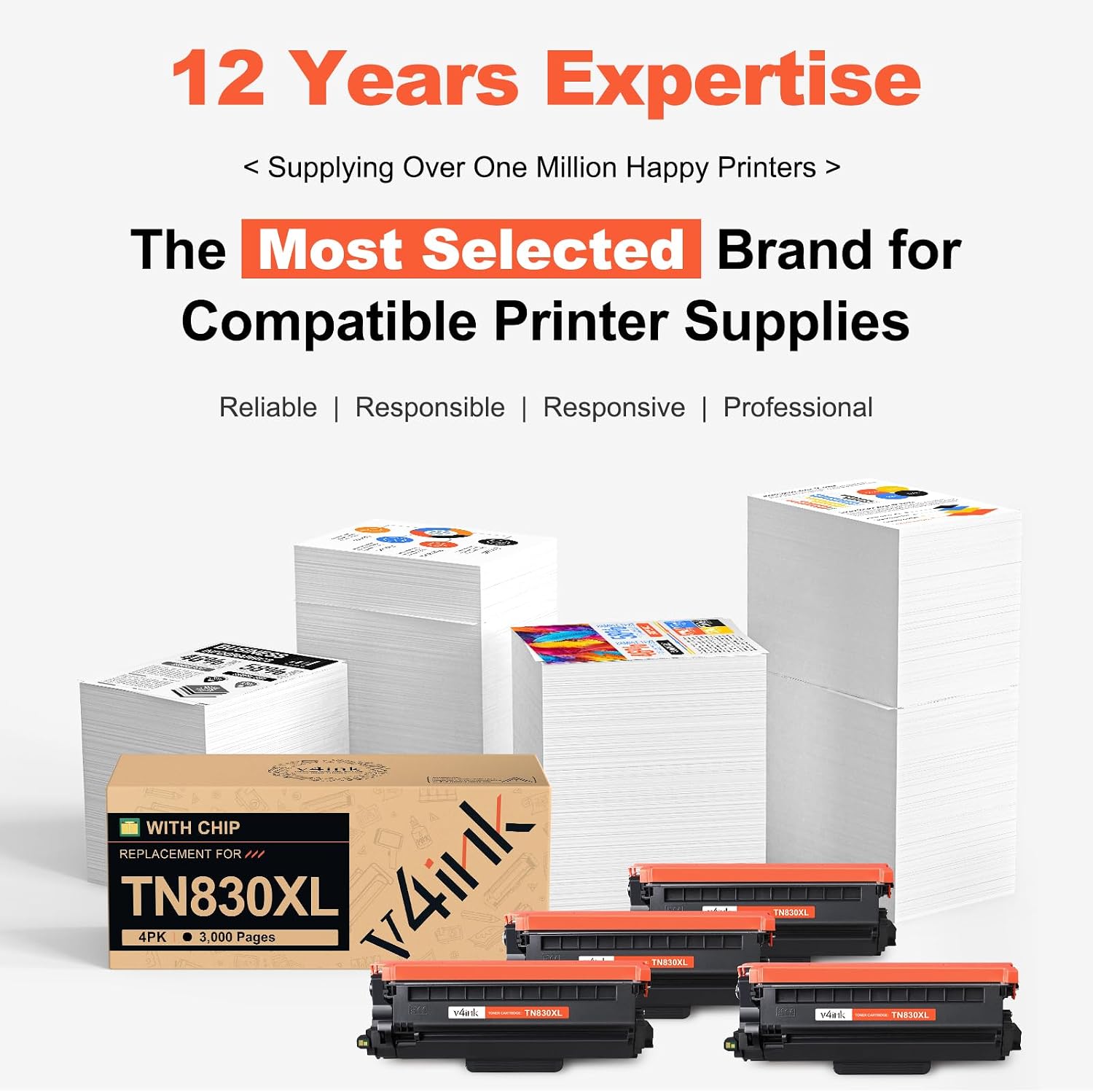 Detalle de v4ink TN830XL4PK TN830XL Black Toner Cartridge 4-Pack with Smart Chip
