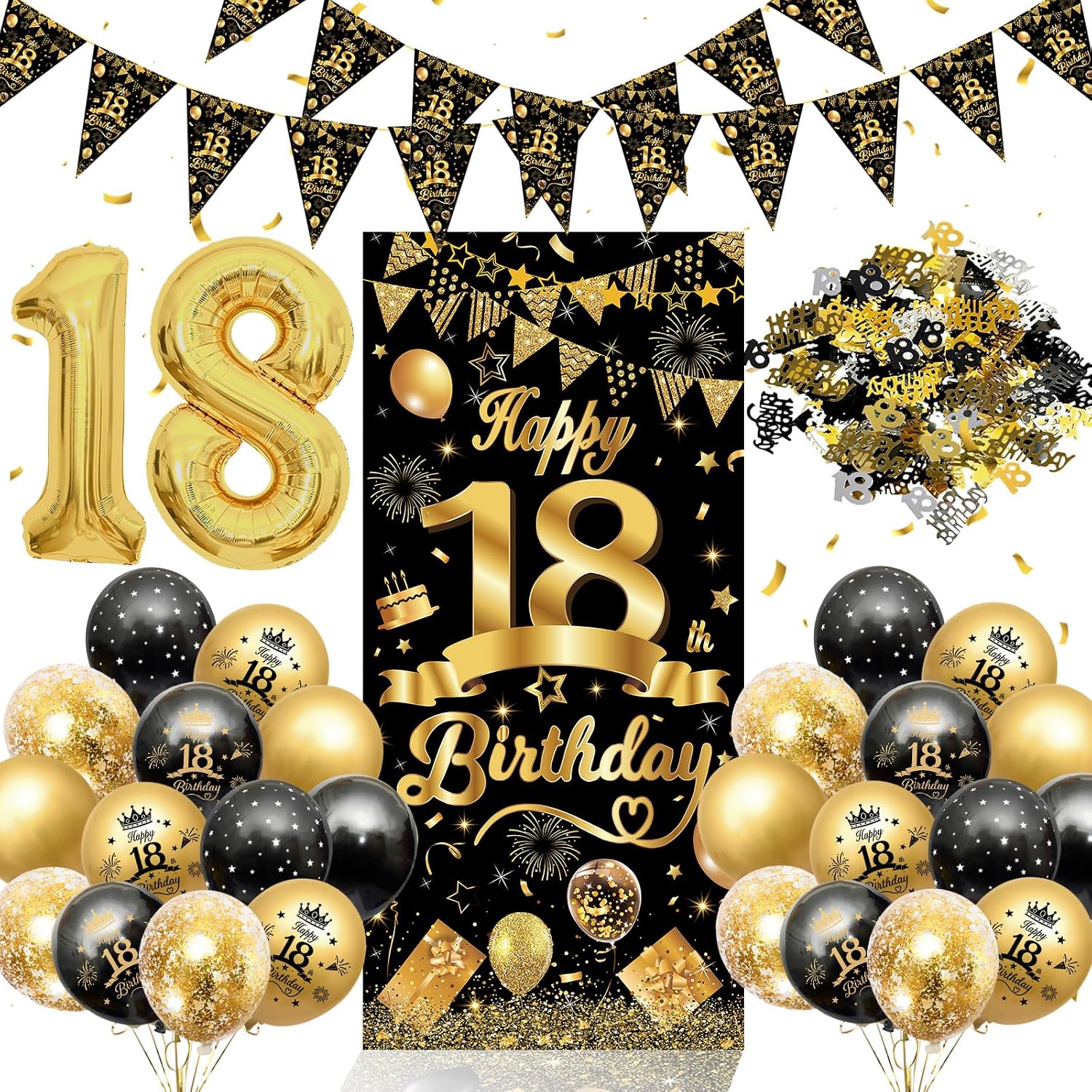 Detalle de AivaToba 18th Birthday Decorations for Boys & Girls – Black & Gold Balloons, Banner & Triangle Flags
