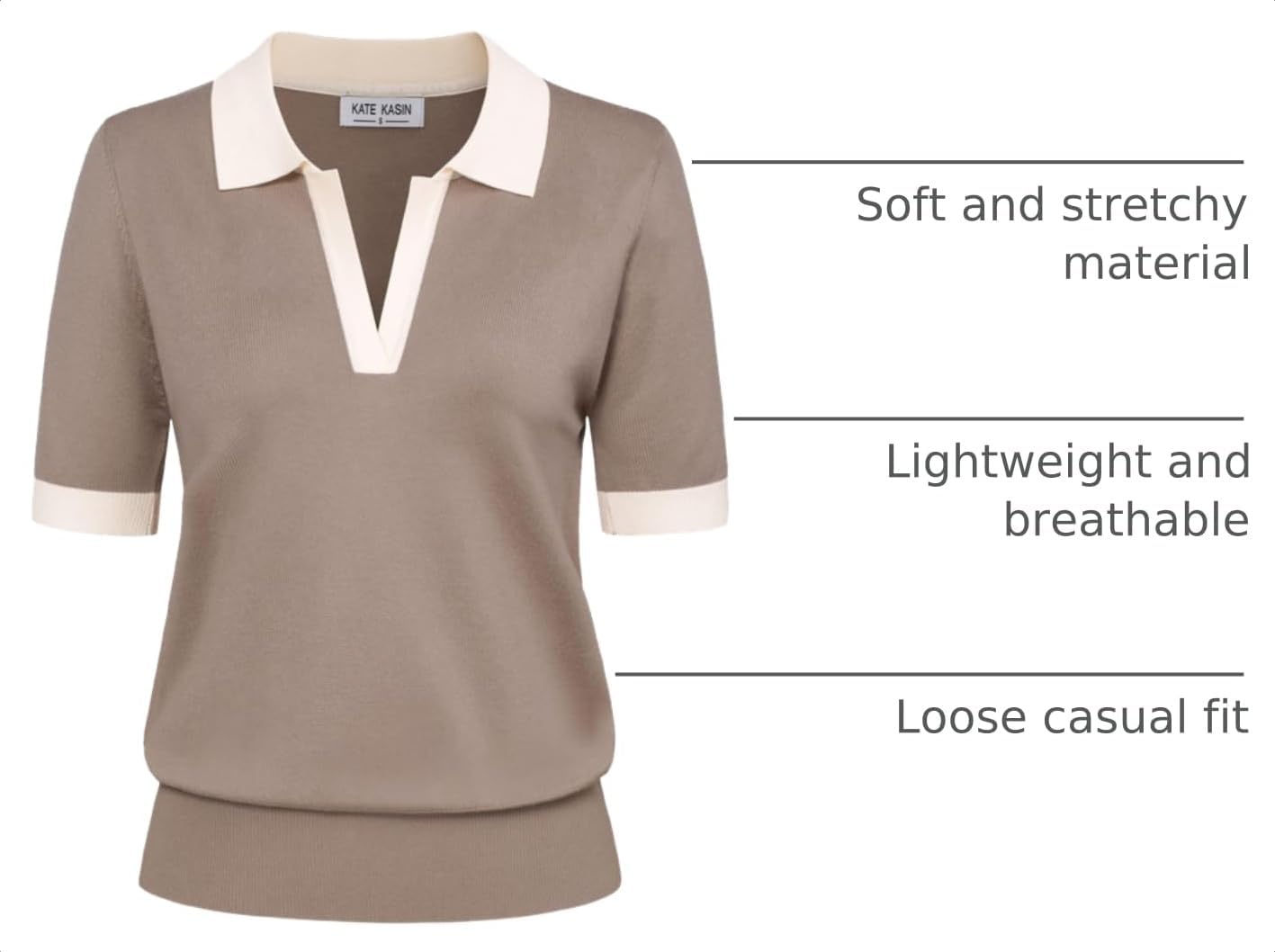 Detalle de Kate Kasin Women Short Sleeve Polo Sweater V Neck Knitted Top
