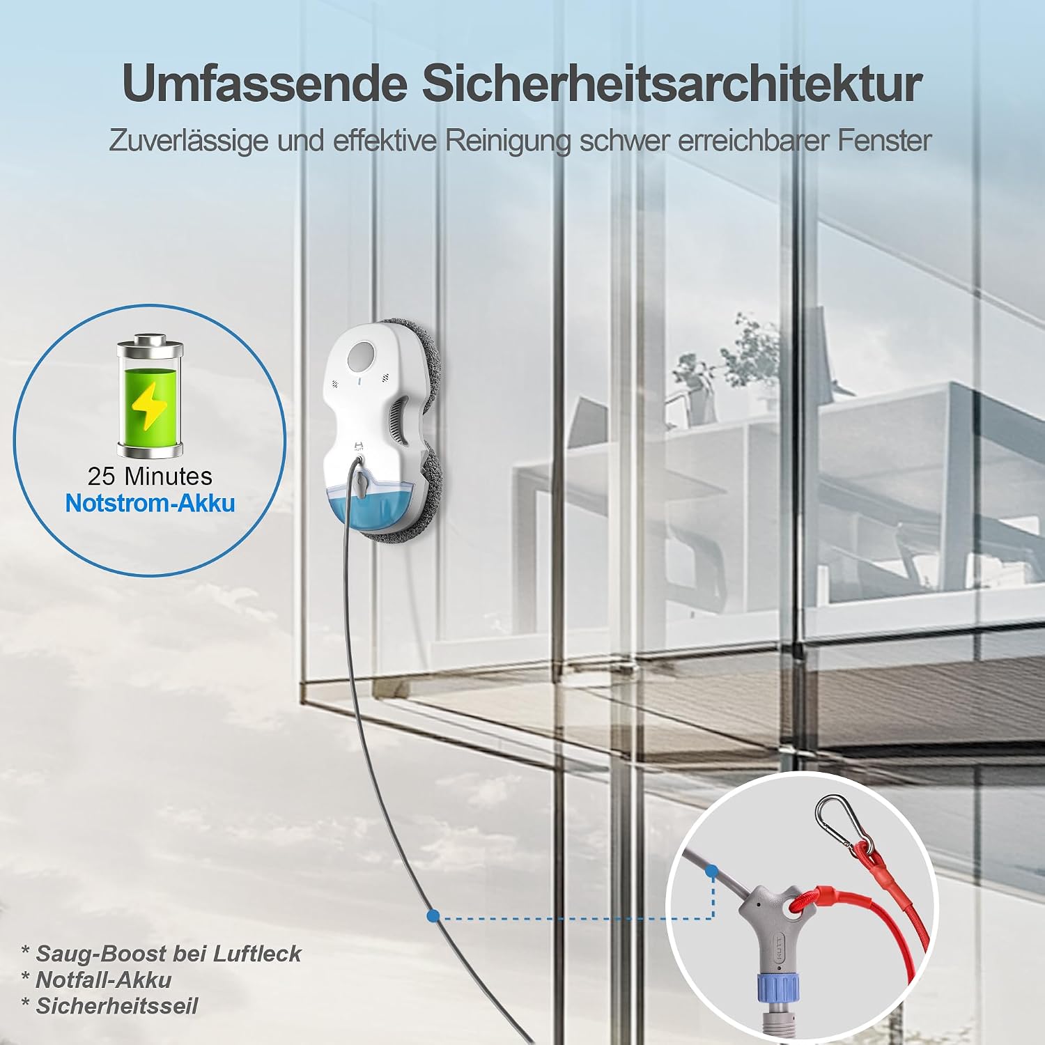 Detalle de HUTT S7 Fensterputzroboter mit aktiver Sprühfunktion – gründliche Reinigung für Fensterflächen
