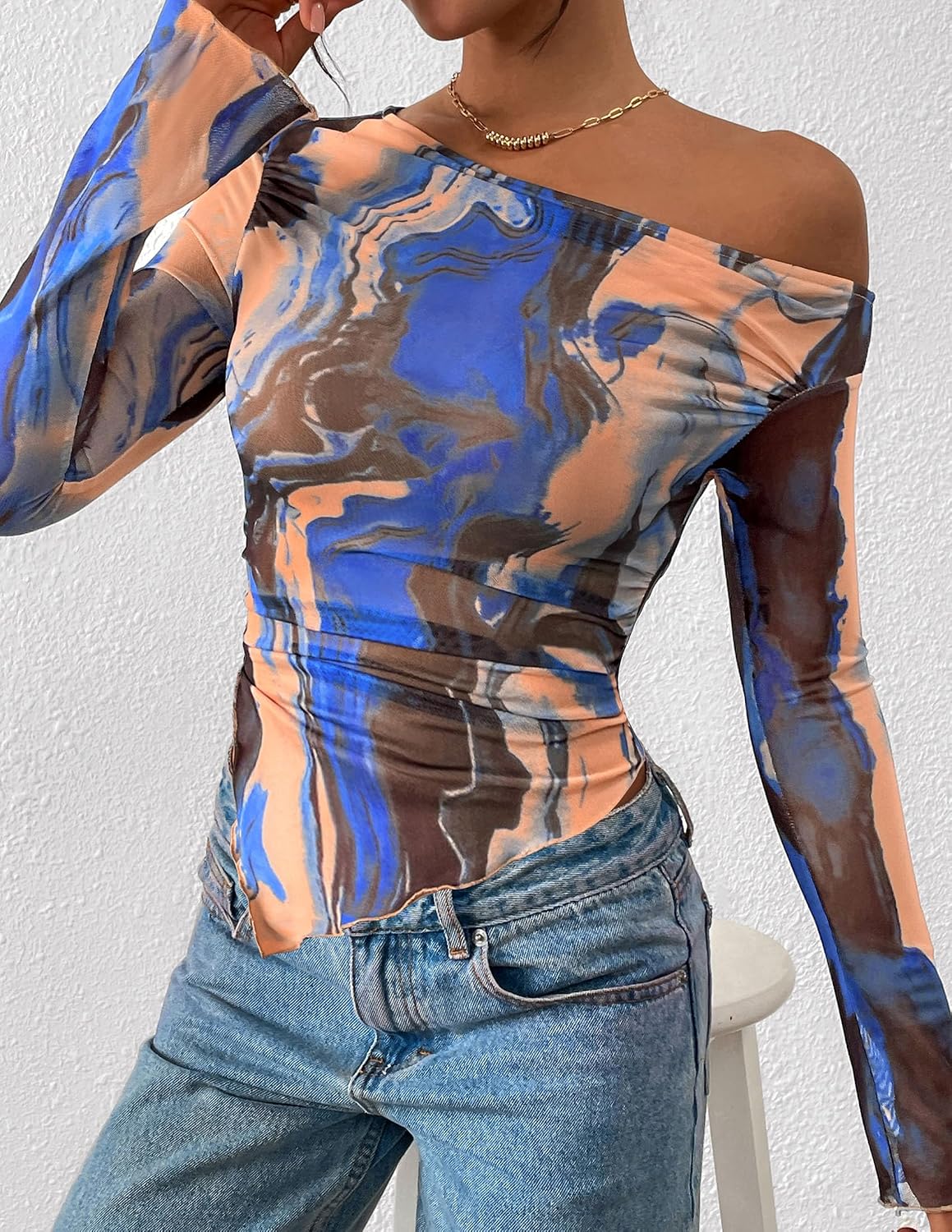 Thumbnail 6 de PRETTYGARDEN Women's Off-Shoulder Mesh Top, Ruched Tie-Dye Floral, Long Sleeve