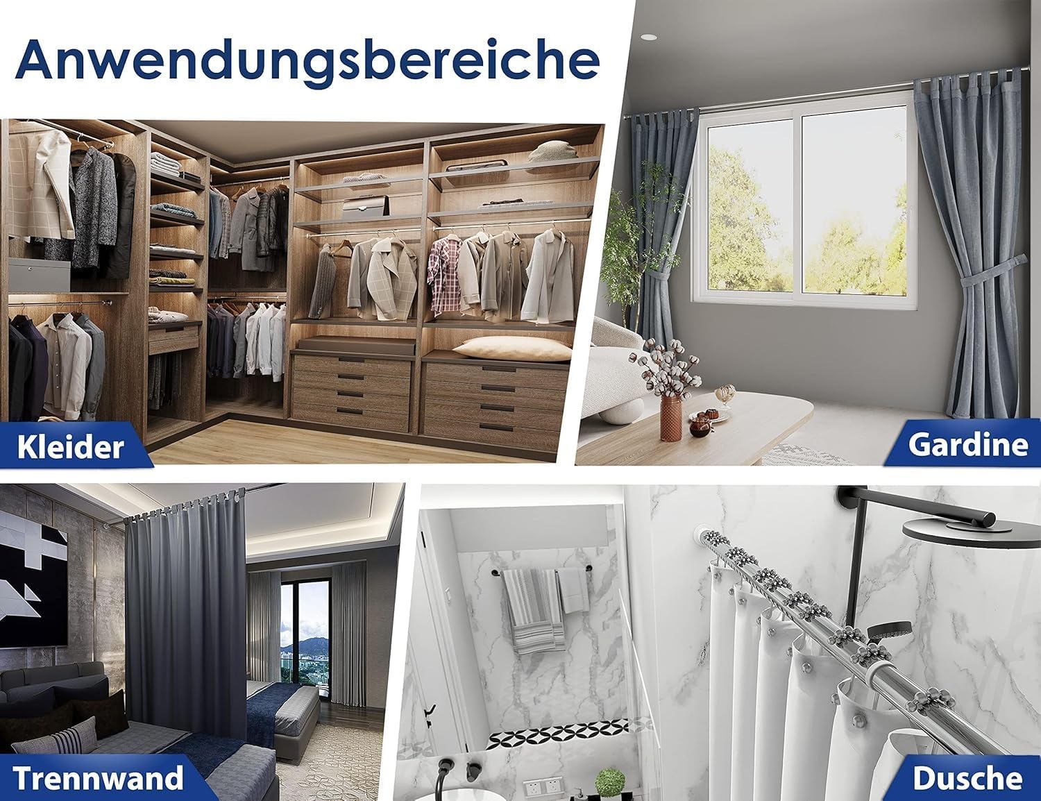 Thumbnail 4 de MEISENBERG Edelstahl Gardinenstange ohne Bohren 360–410 cm (Ø 32 mm) zum Einklemmen – ausziehbar und flexibel